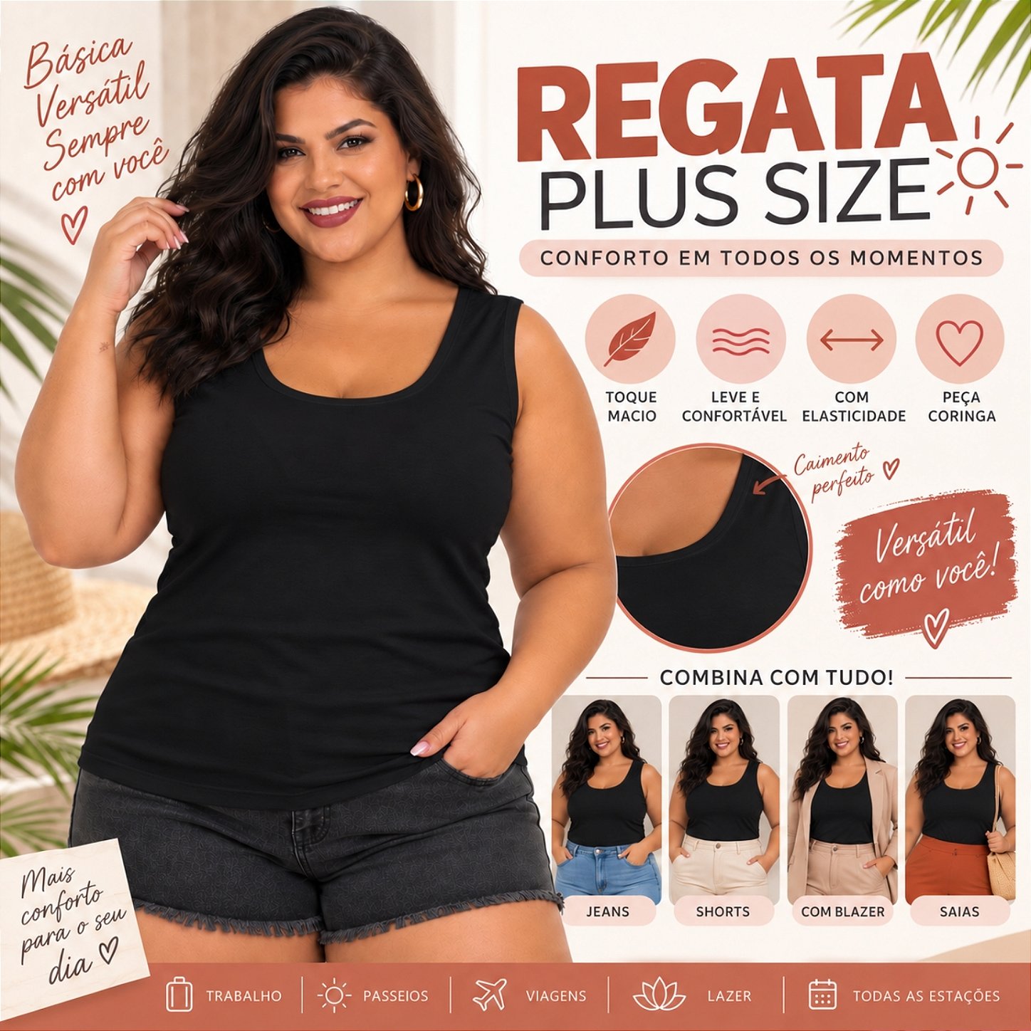 Blusa Regata Básica Plus Size Visco Lycra Alça Larga Toque Macio 2005.1A