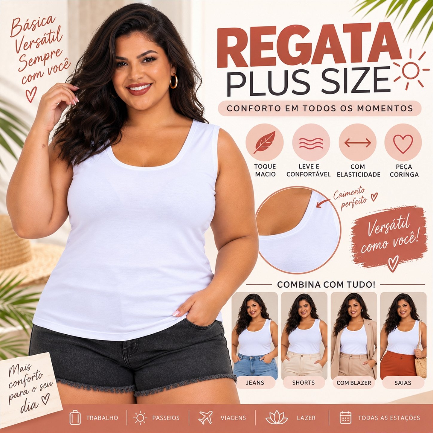 Blusa Regata Básica Plus Size Visco Lycra Alça Larga Toque Macio 2005.1A