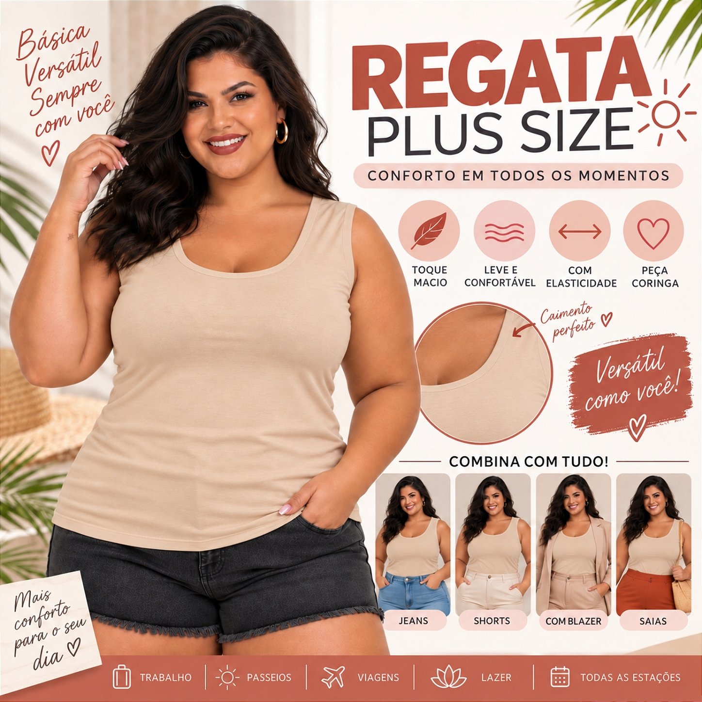 Blusa Regata Básica Plus Size Visco Lycra Alça Larga Toque Macio 2005.1A