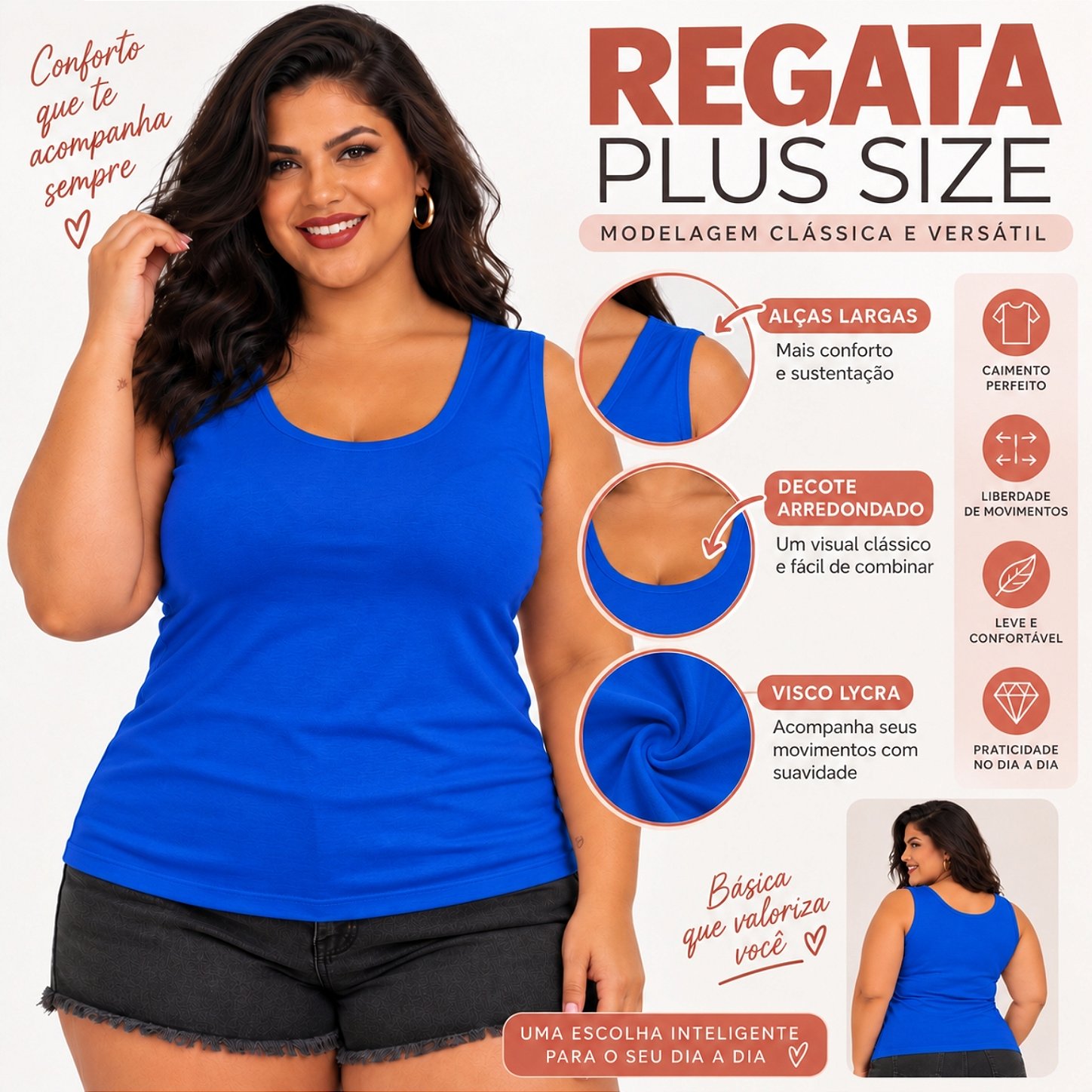 Blusa Regata Básica Plus Size Visco Lycra Alça Larga Toque Macio 2005.1A