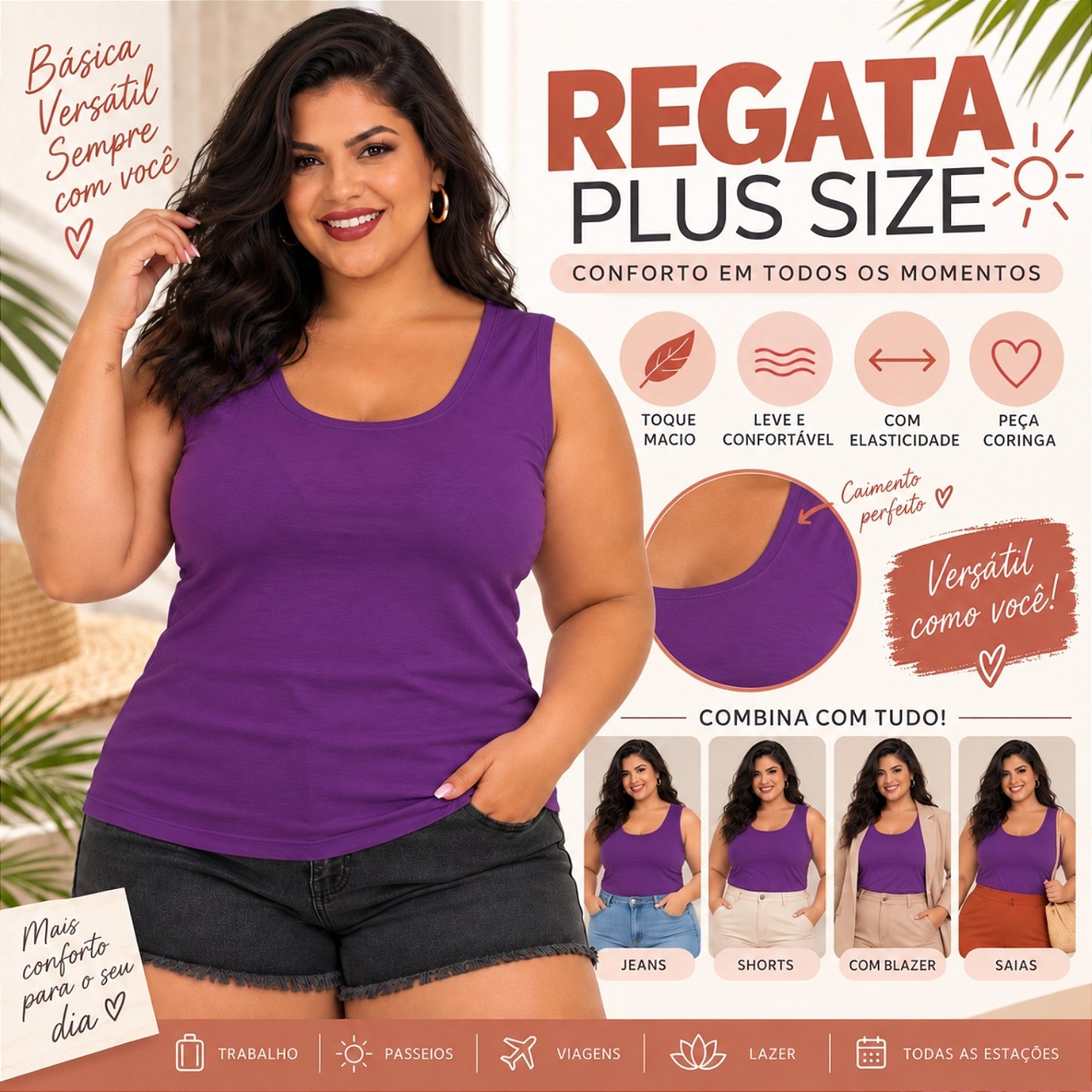 Blusa Regata Básica Plus Size Visco Lycra Alça Larga Toque Macio 2005.1A