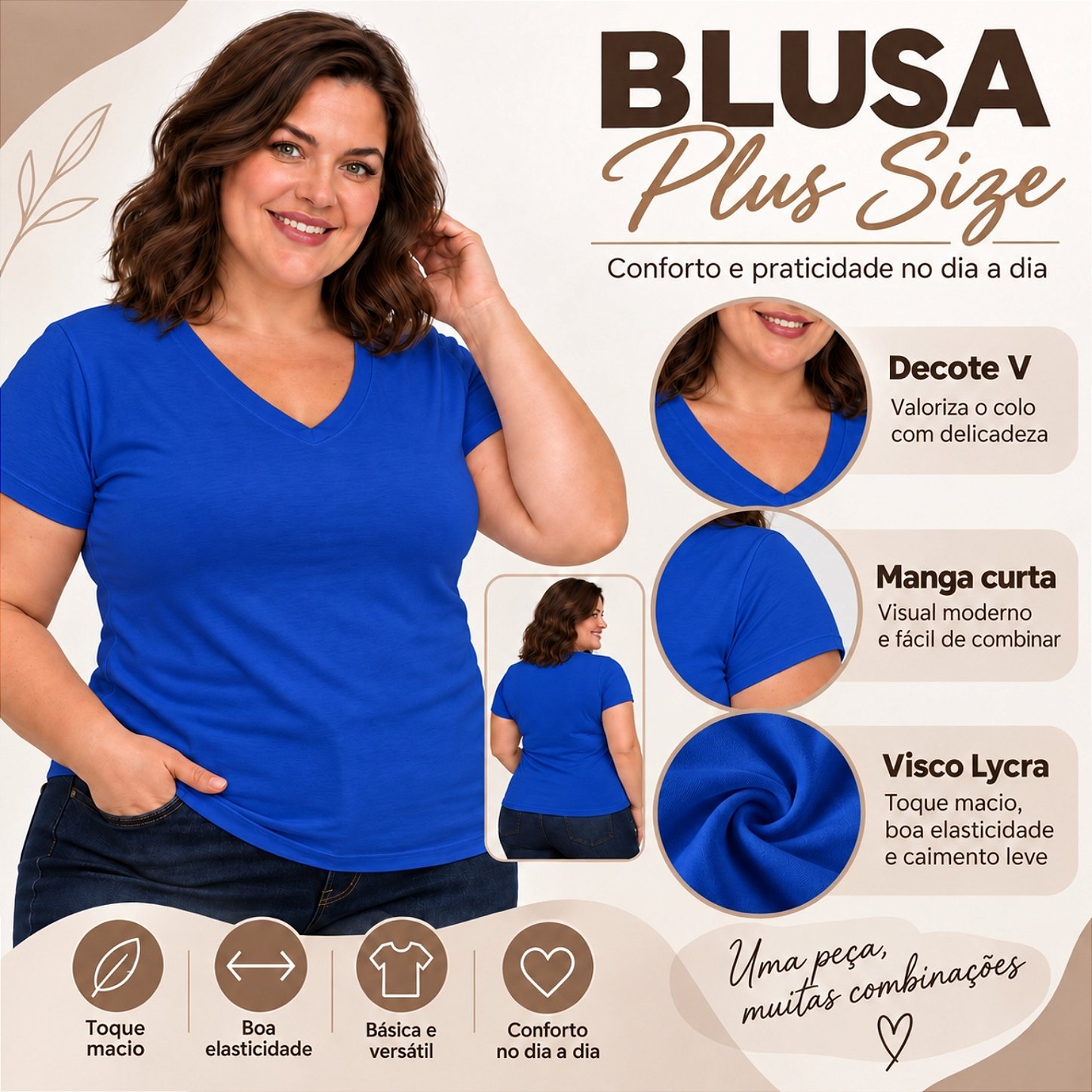 Blusa Básica Plus Size Decote V em Visco Lycra Confortável e Versátil 3013.6A