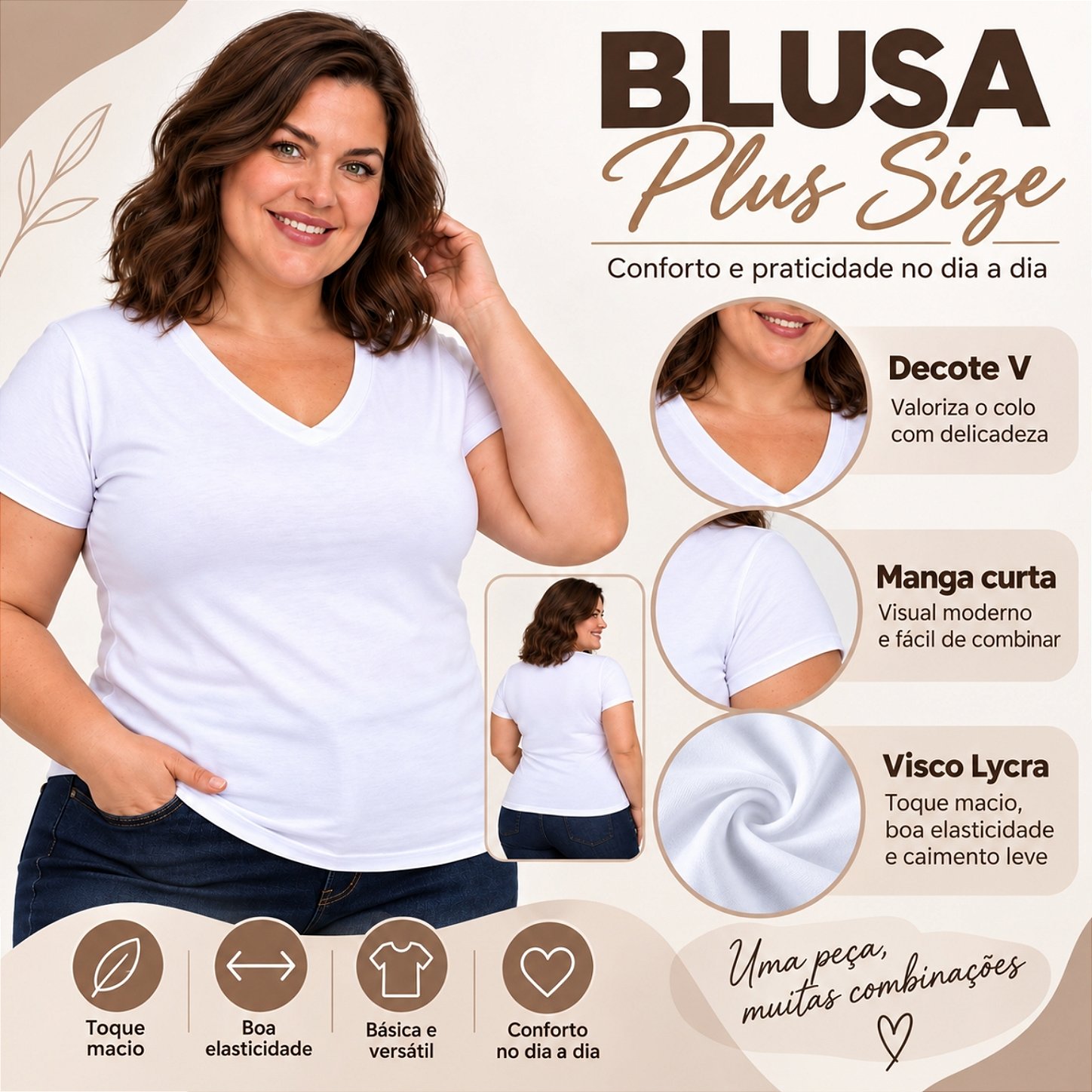 Blusa Básica Plus Size Decote V em Visco Lycra Confortável e Versátil 3013.6A