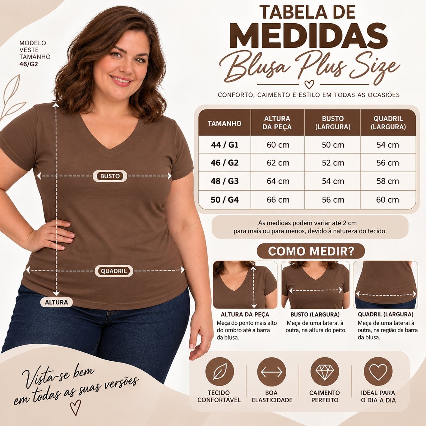 Blusa Básica Plus Size Decote V em Visco Lycra Confortável e Versátil 3013.6A