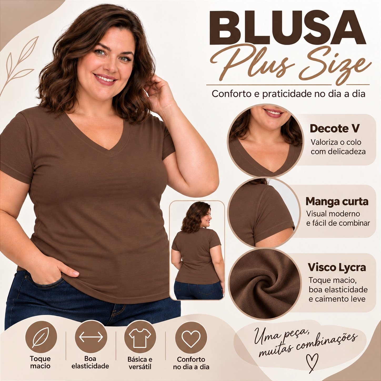Blusa Básica Plus Size Decote V em Visco Lycra Confortável e Versátil 3013.6A
