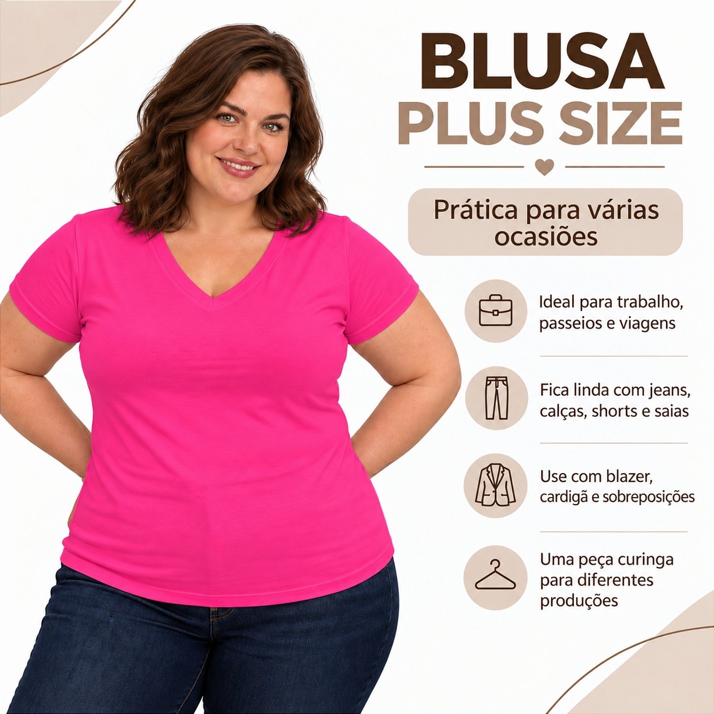 Blusa Básica Plus Size Decote V em Visco Lycra Confortável e Versátil 3013.6A