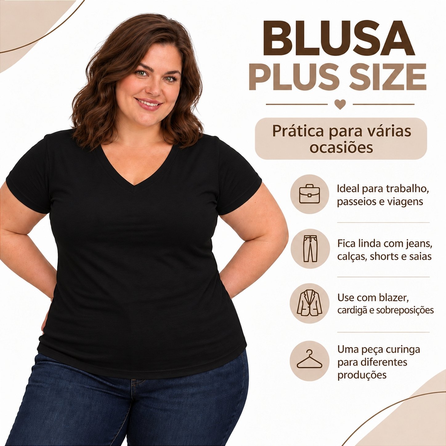 Blusa Básica Plus Size Decote V em Visco Lycra Confortável e Versátil 3013.6A