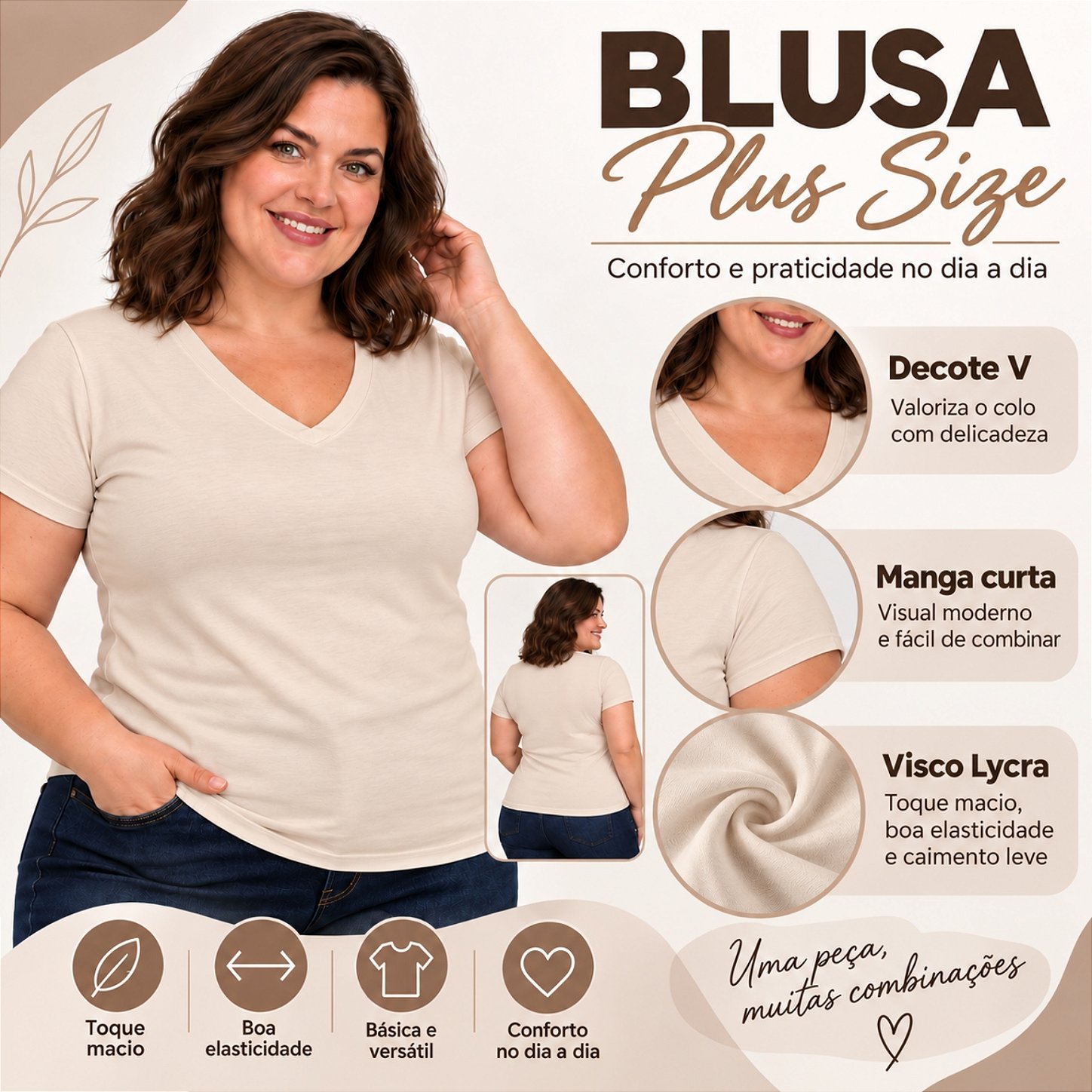 Blusa Básica Plus Size Decote V em Visco Lycra Confortável e Versátil 3013.6A