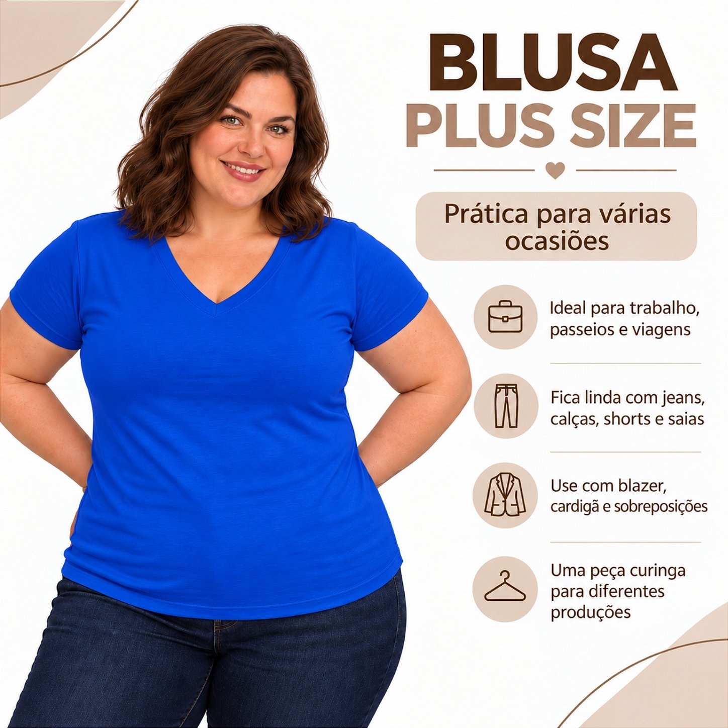 Blusa Básica Plus Size Decote V em Visco Lycra Confortável e Versátil 3013.6A