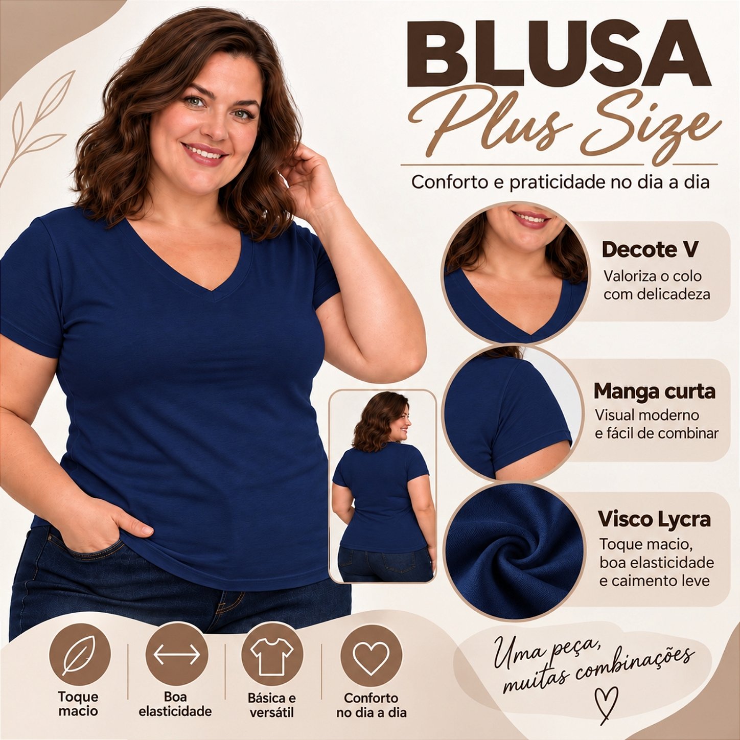 Blusa Básica Plus Size Decote V em Visco Lycra Confortável e Versátil 3013.6A