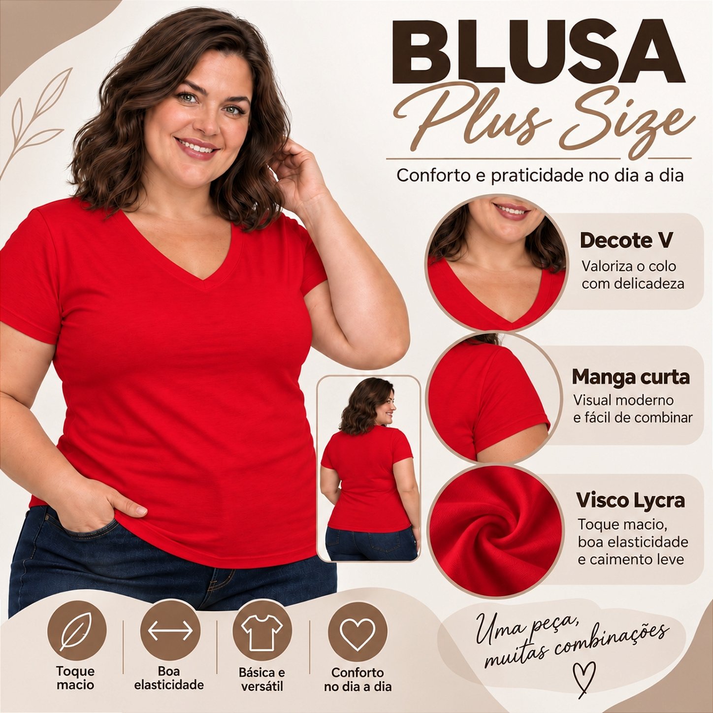Blusa Básica Plus Size Decote V em Visco Lycra Confortável e Versátil 3013.6A