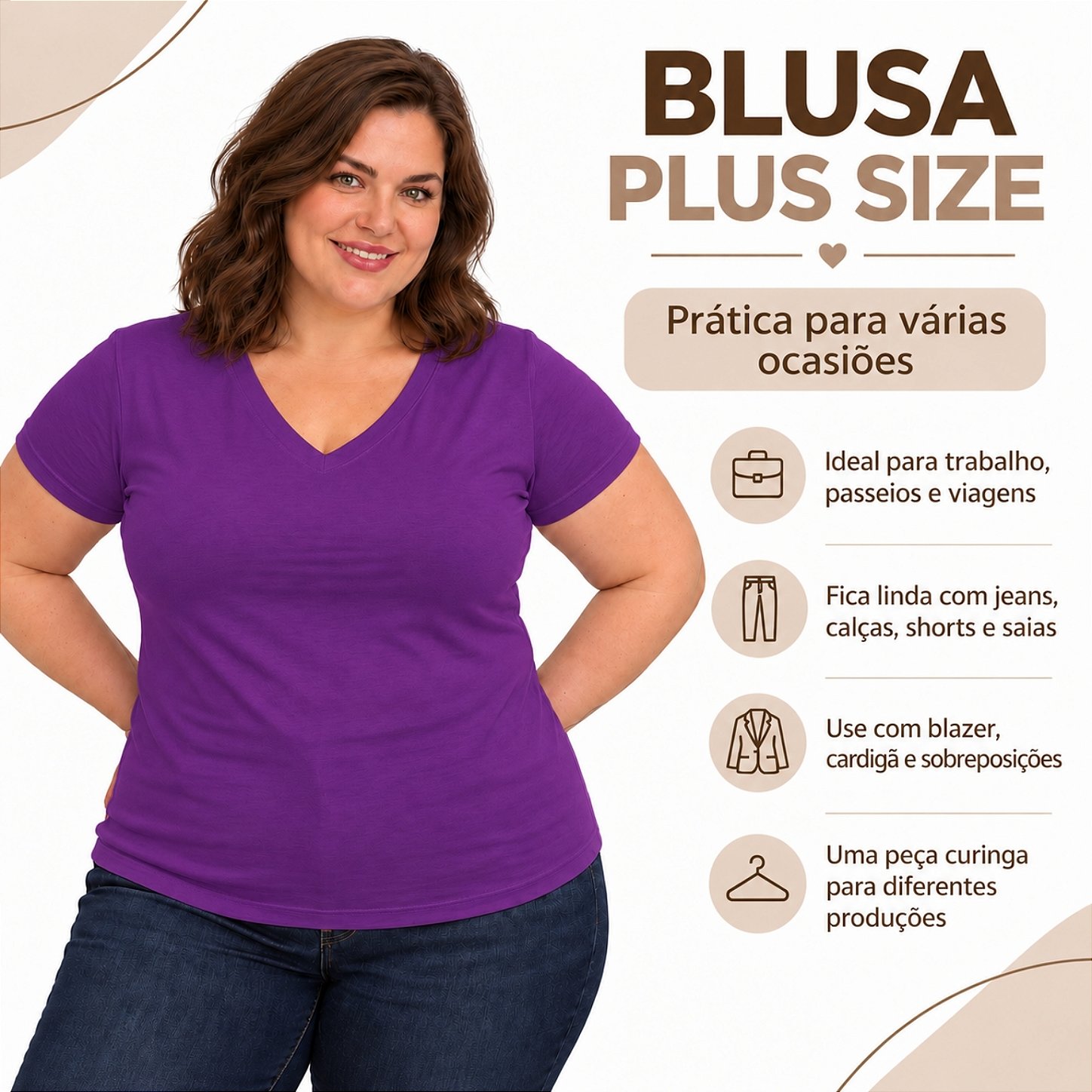 Blusa Básica Plus Size Decote V em Visco Lycra Confortável e Versátil 3013.6A