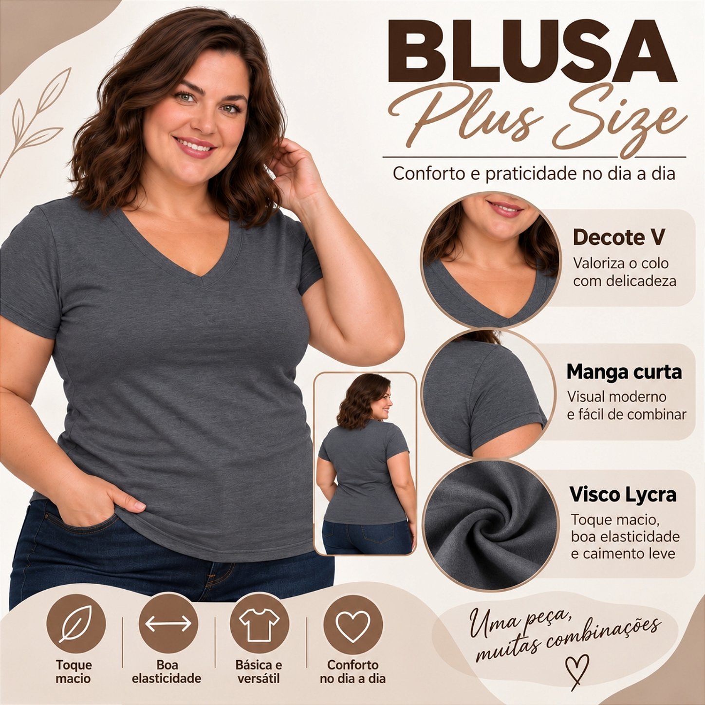 Blusa Básica Plus Size Decote V em Visco Lycra Confortável e Versátil 3013.6A