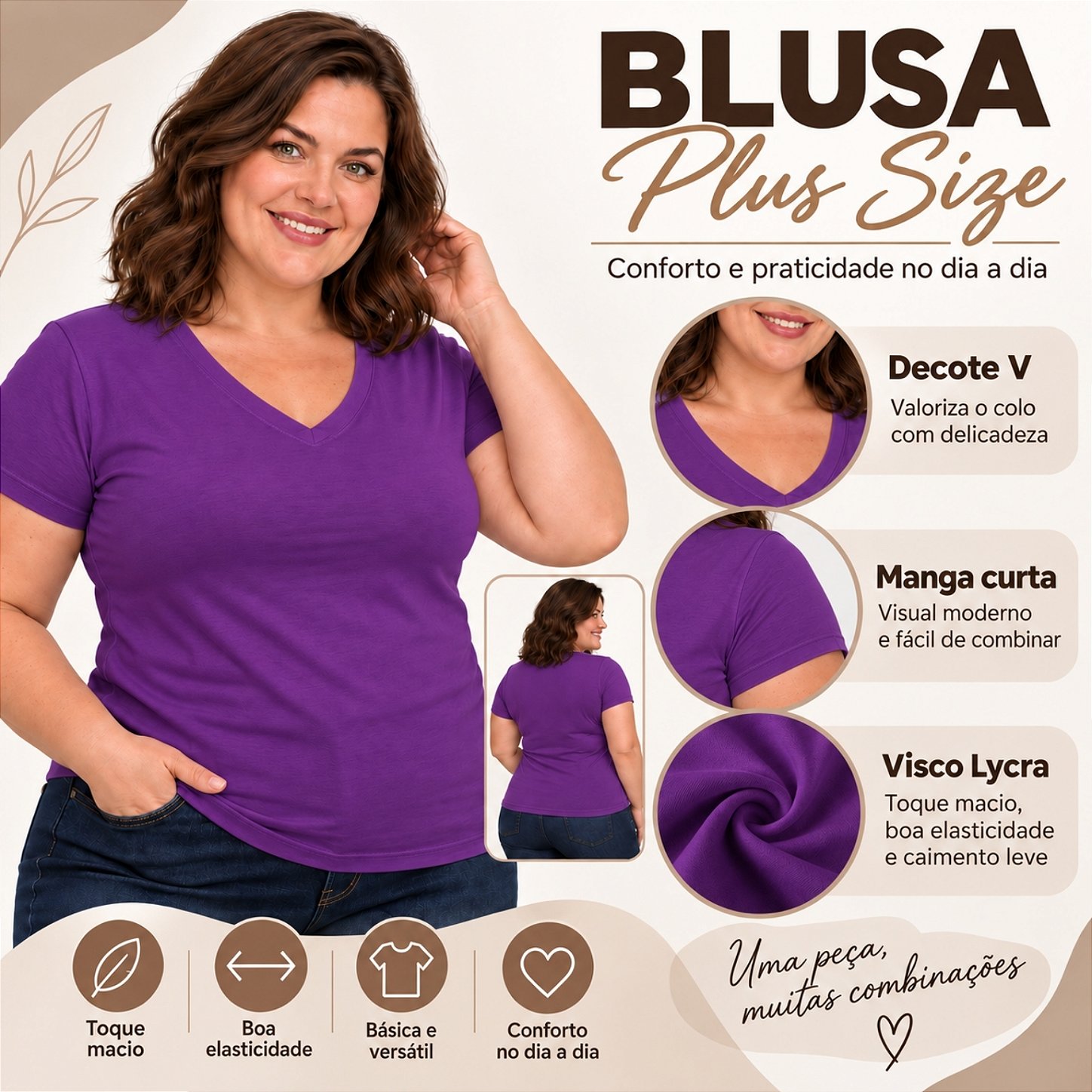 Blusa Básica Plus Size Decote V em Visco Lycra Confortável e Versátil 3013.6A
