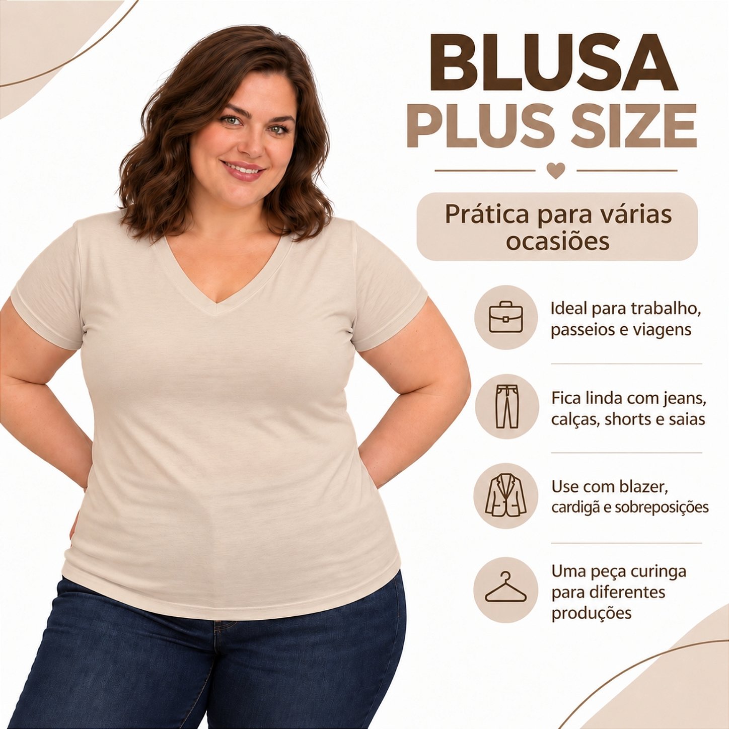 Blusa Básica Plus Size Decote V em Visco Lycra Confortável e Versátil 3013.6A