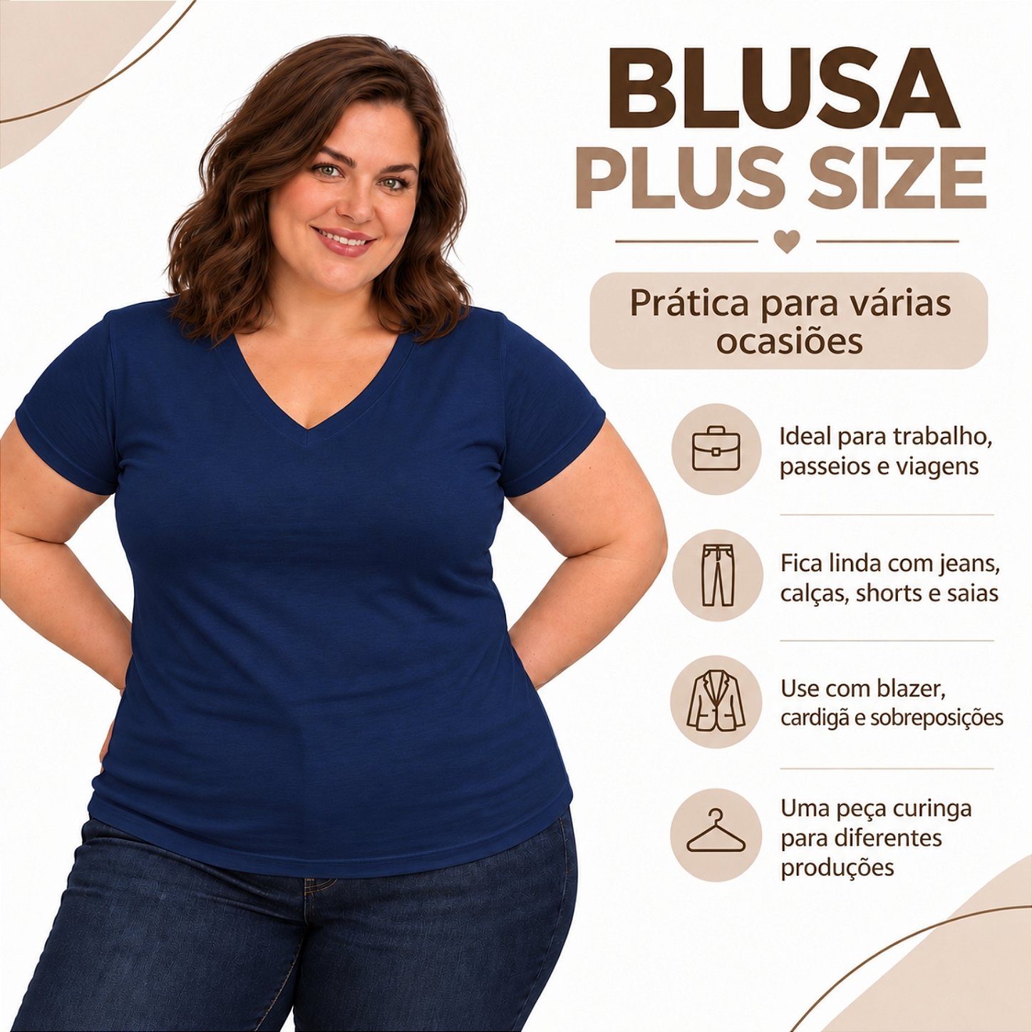 Blusa Básica Plus Size Decote V em Visco Lycra Confortável e Versátil 3013.6A
