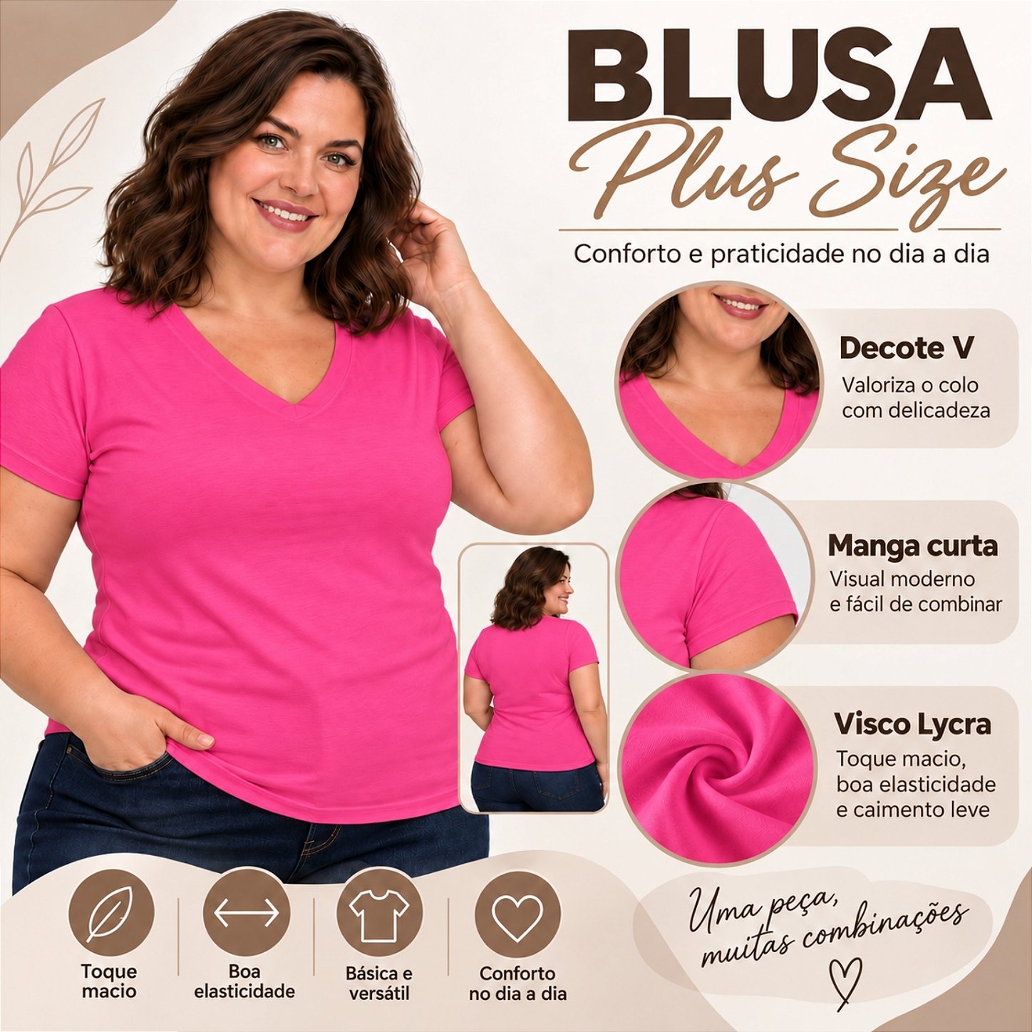 Blusa Básica Plus Size Decote V em Visco Lycra Confortável e Versátil 3013.6A
