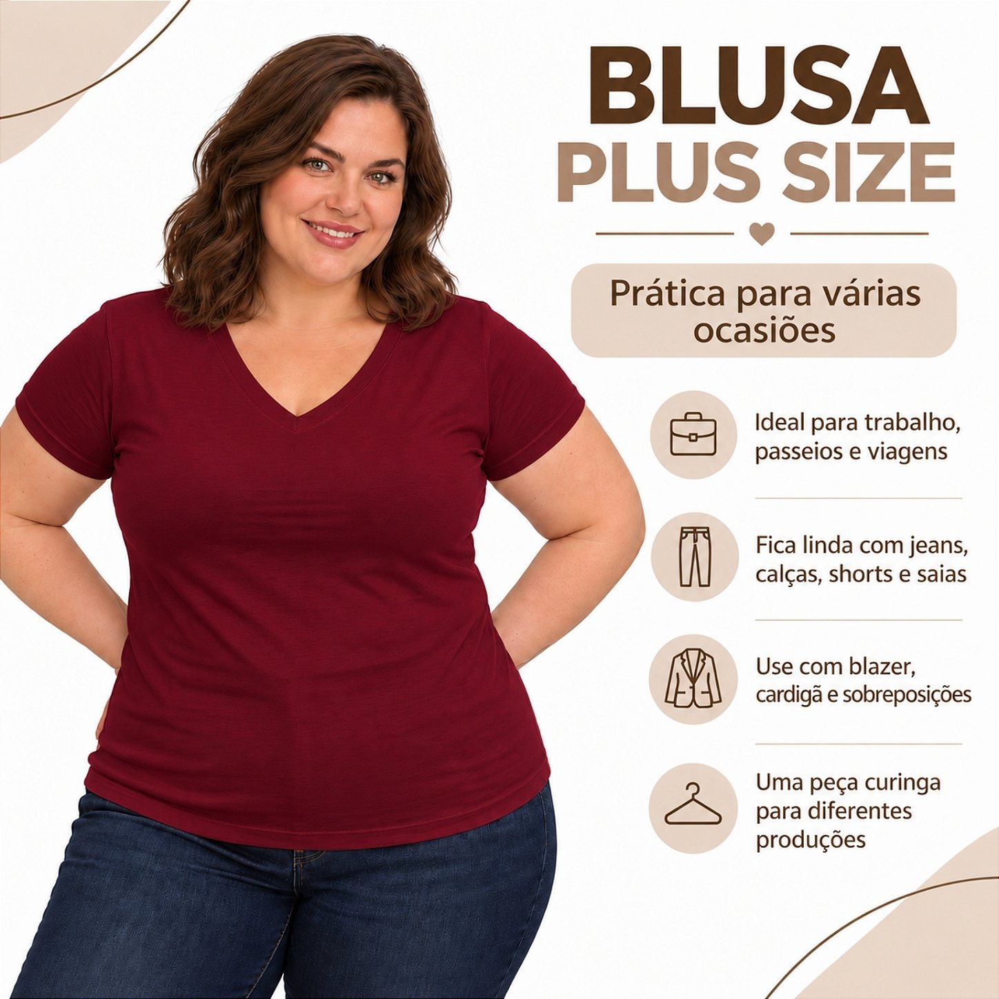 Blusa Básica Plus Size Decote V em Visco Lycra Confortável e Versátil 3013.6A