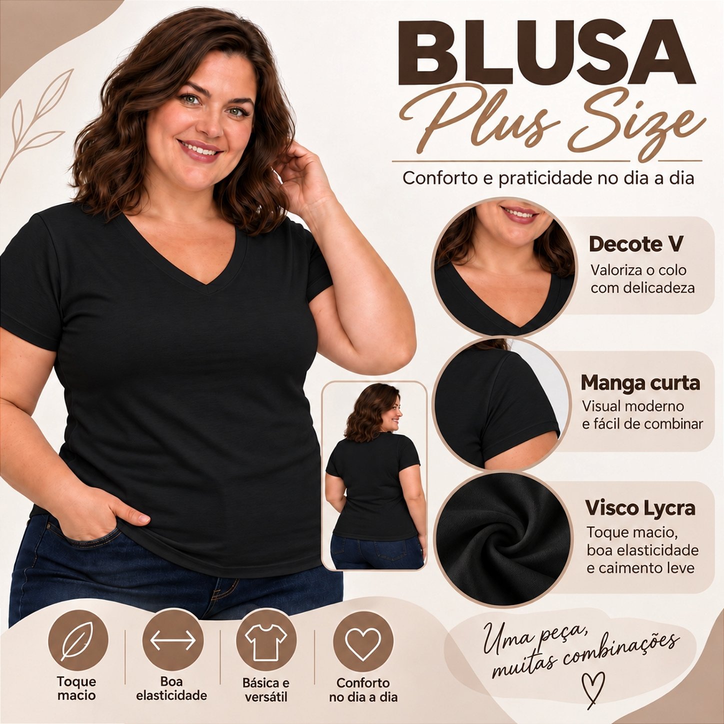 Blusa Básica Plus Size Decote V em Visco Lycra Confortável e Versátil 3013.6A