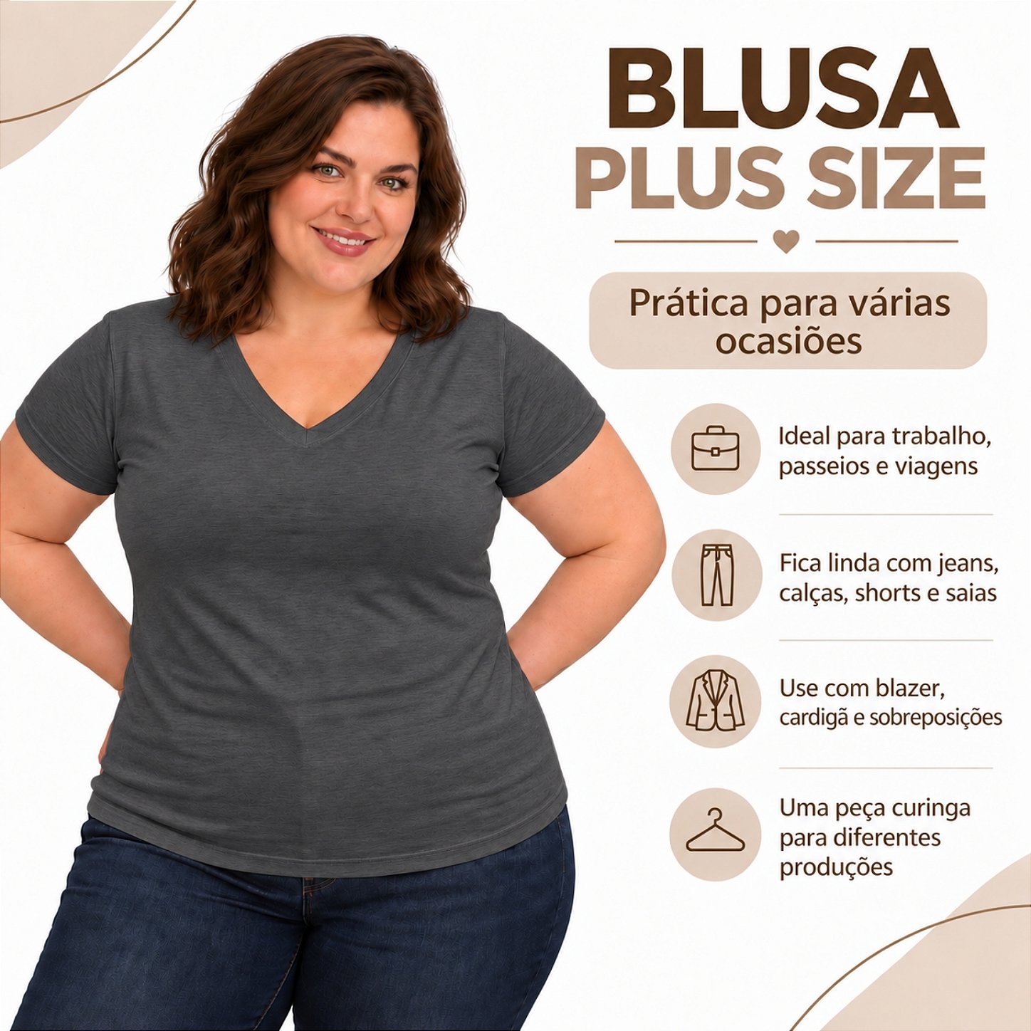 Blusa Básica Plus Size Decote V em Visco Lycra Confortável e Versátil 3013.6A