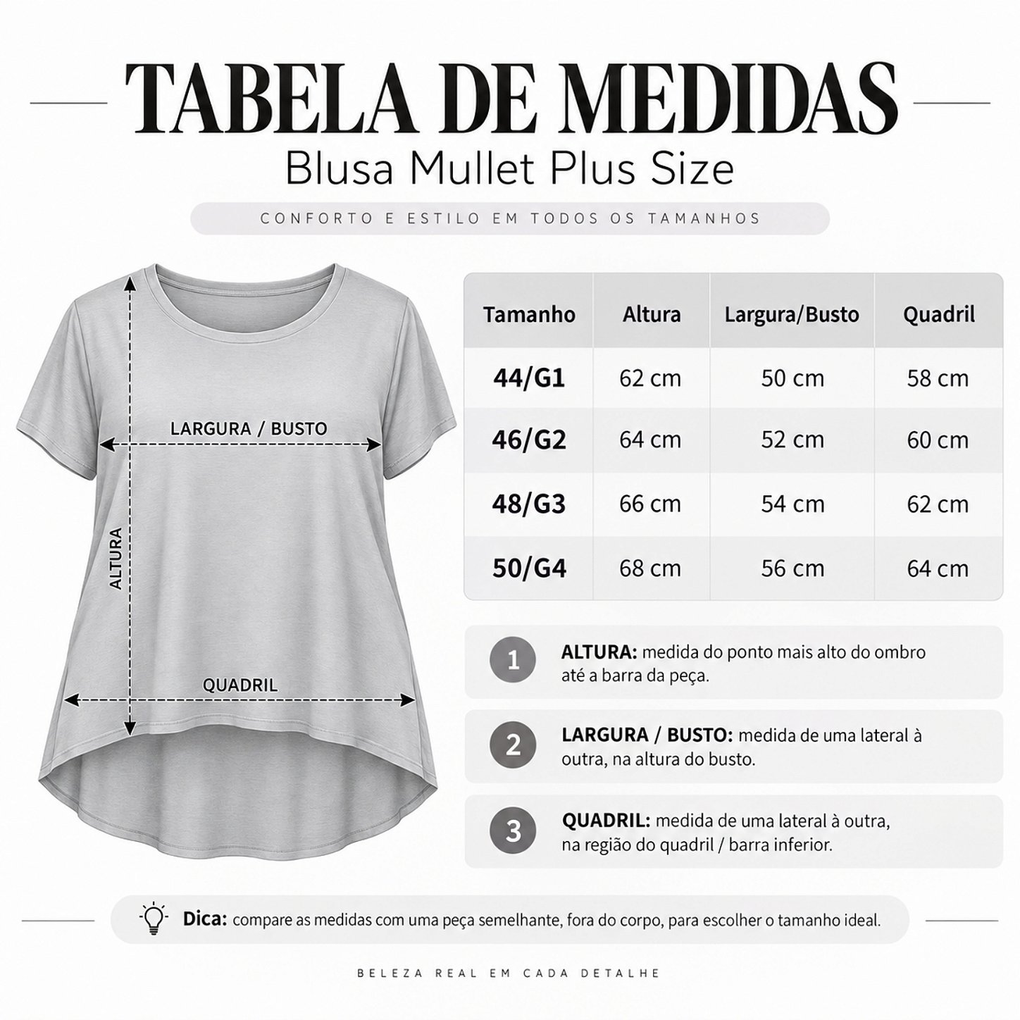 Blusa Plus Size Mullet Confortável Decote Redondo Manga Curta Tapa Bumbum 3024A
