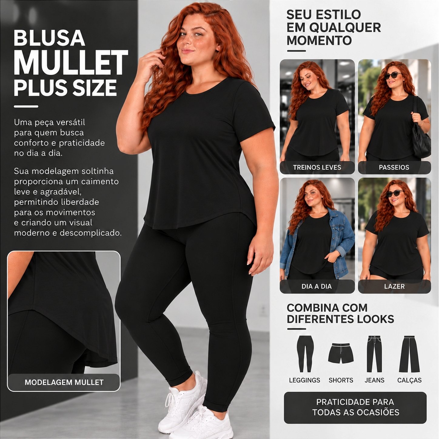 Blusa Plus Size Mullet Confortável Decote Redondo Manga Curta Tapa Bumbum 3024A