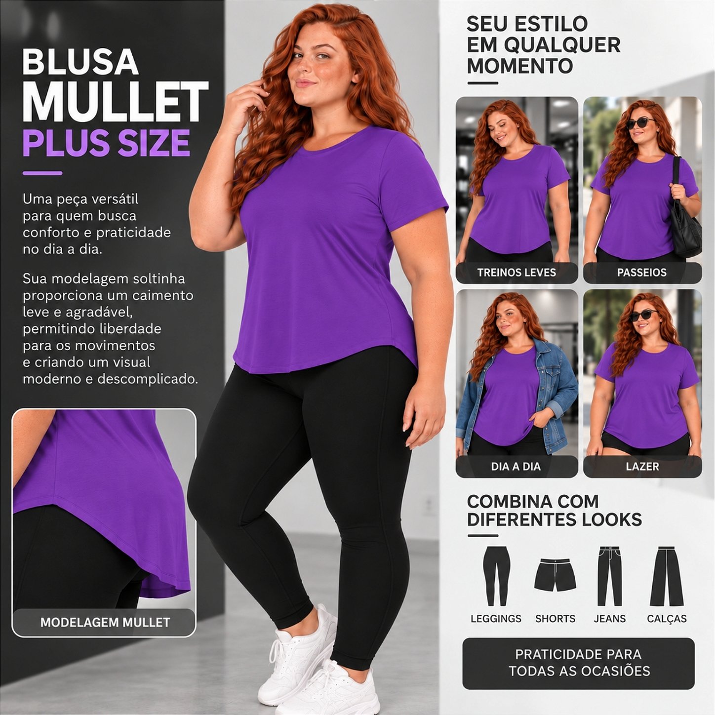 Blusa Plus Size Mullet Confortável Decote Redondo Manga Curta Tapa Bumbum 3024A