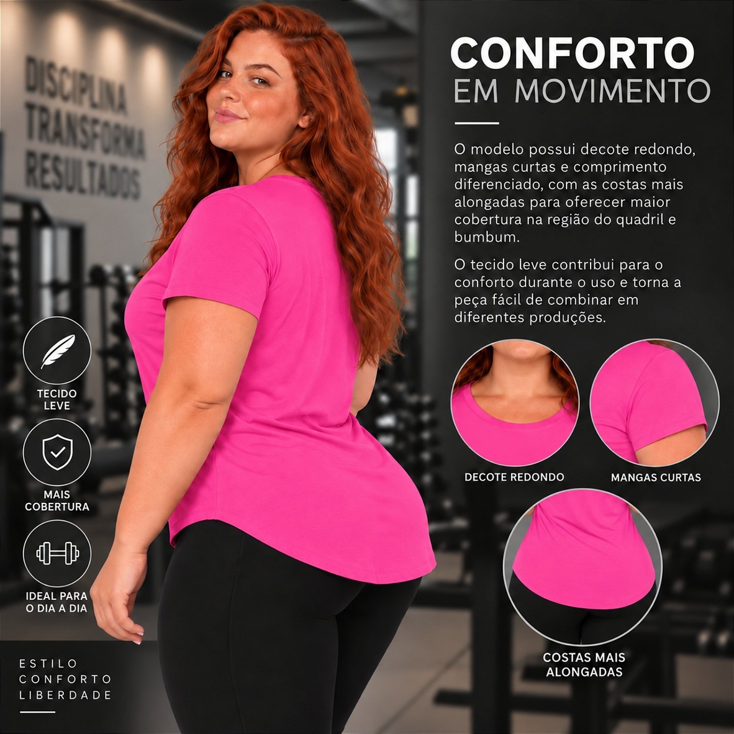 Blusa Plus Size Mullet Confortável Decote Redondo Manga Curta Tapa Bumbum 3024A