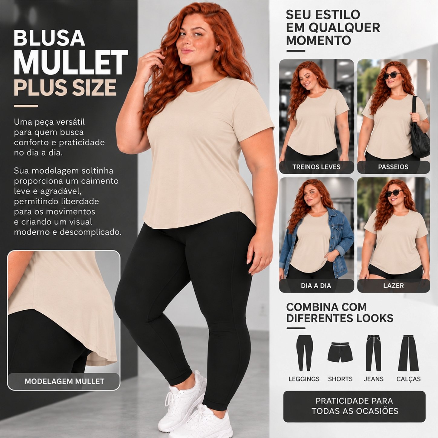 Blusa Plus Size Mullet Confortável Decote Redondo Manga Curta Tapa Bumbum 3024A