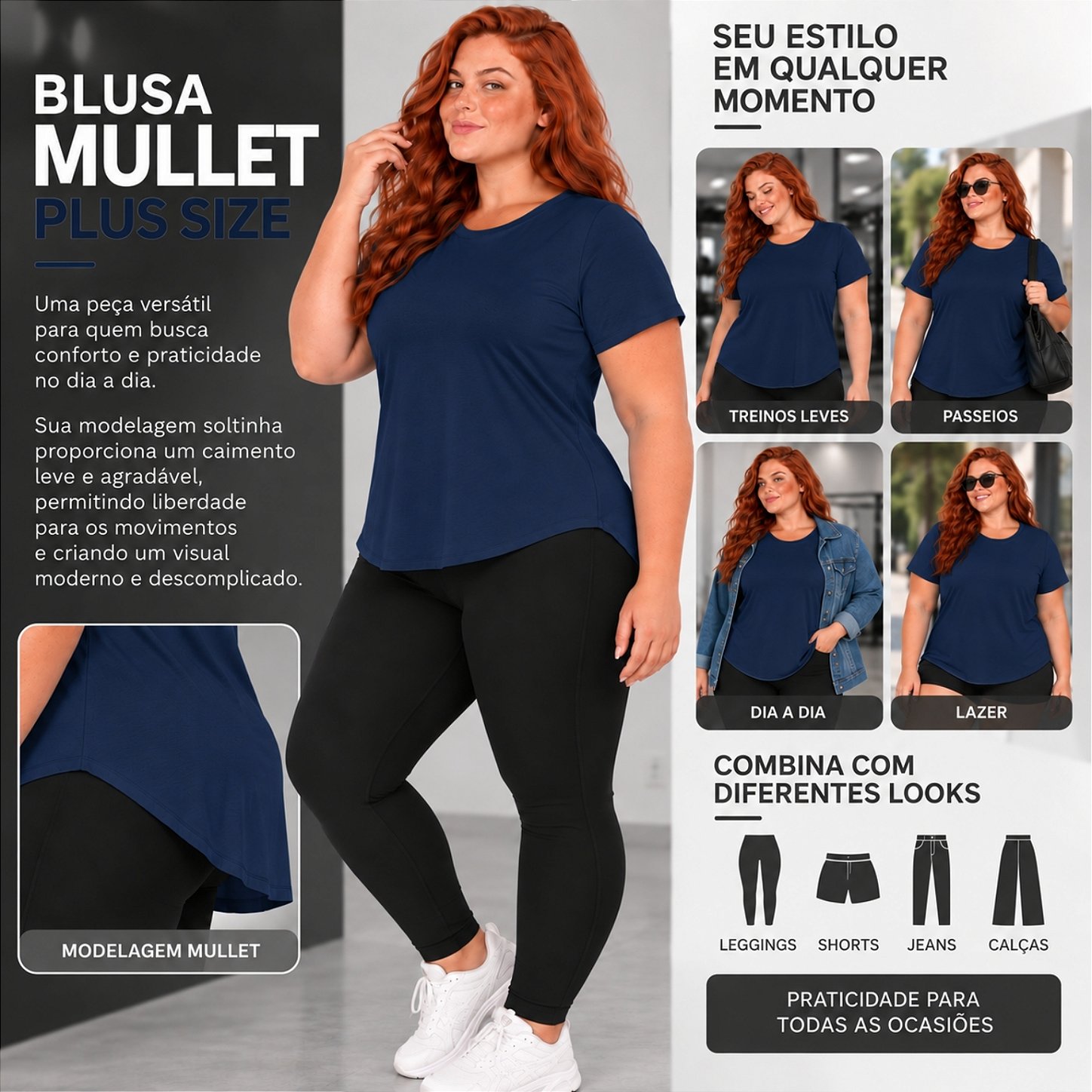 Blusa Plus Size Mullet Confortável Decote Redondo Manga Curta Tapa Bumbum 3024A