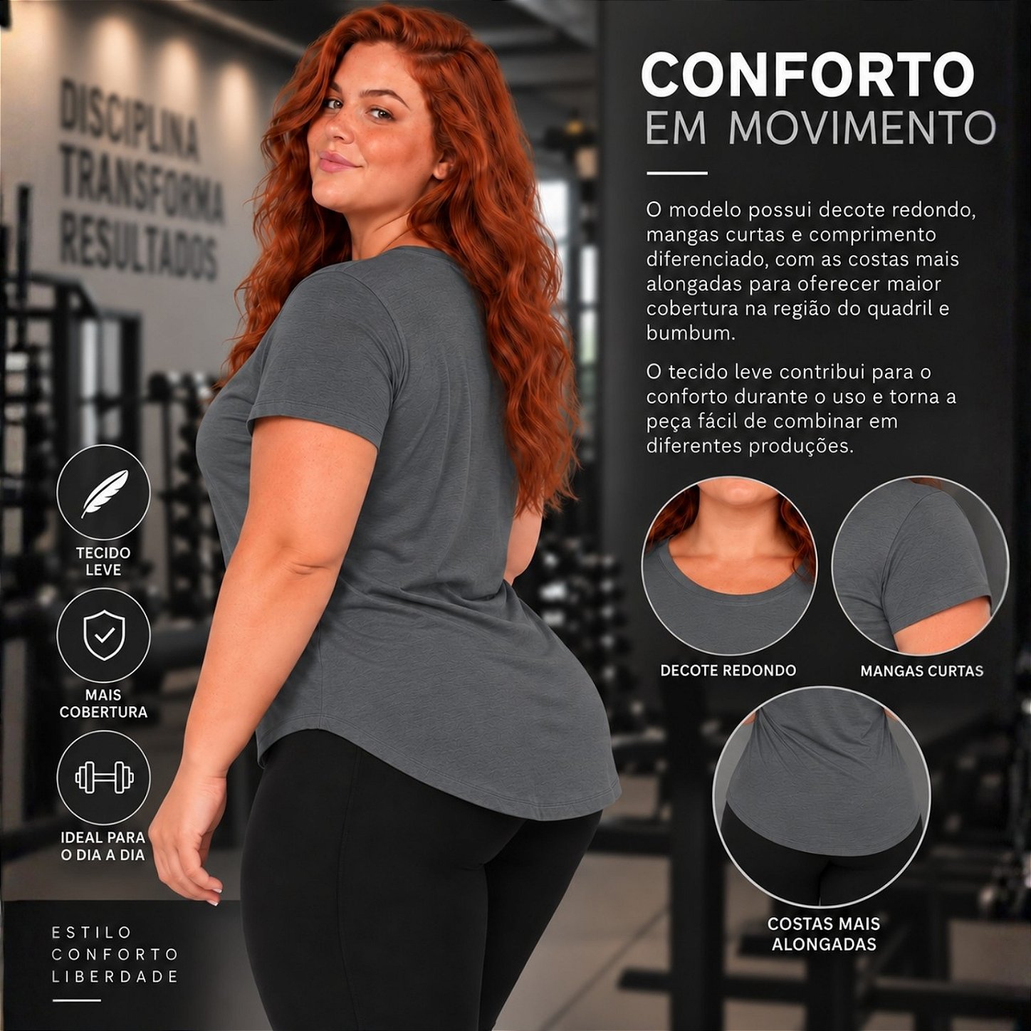 Blusa Plus Size Mullet Confortável Decote Redondo Manga Curta Tapa Bumbum 3024A