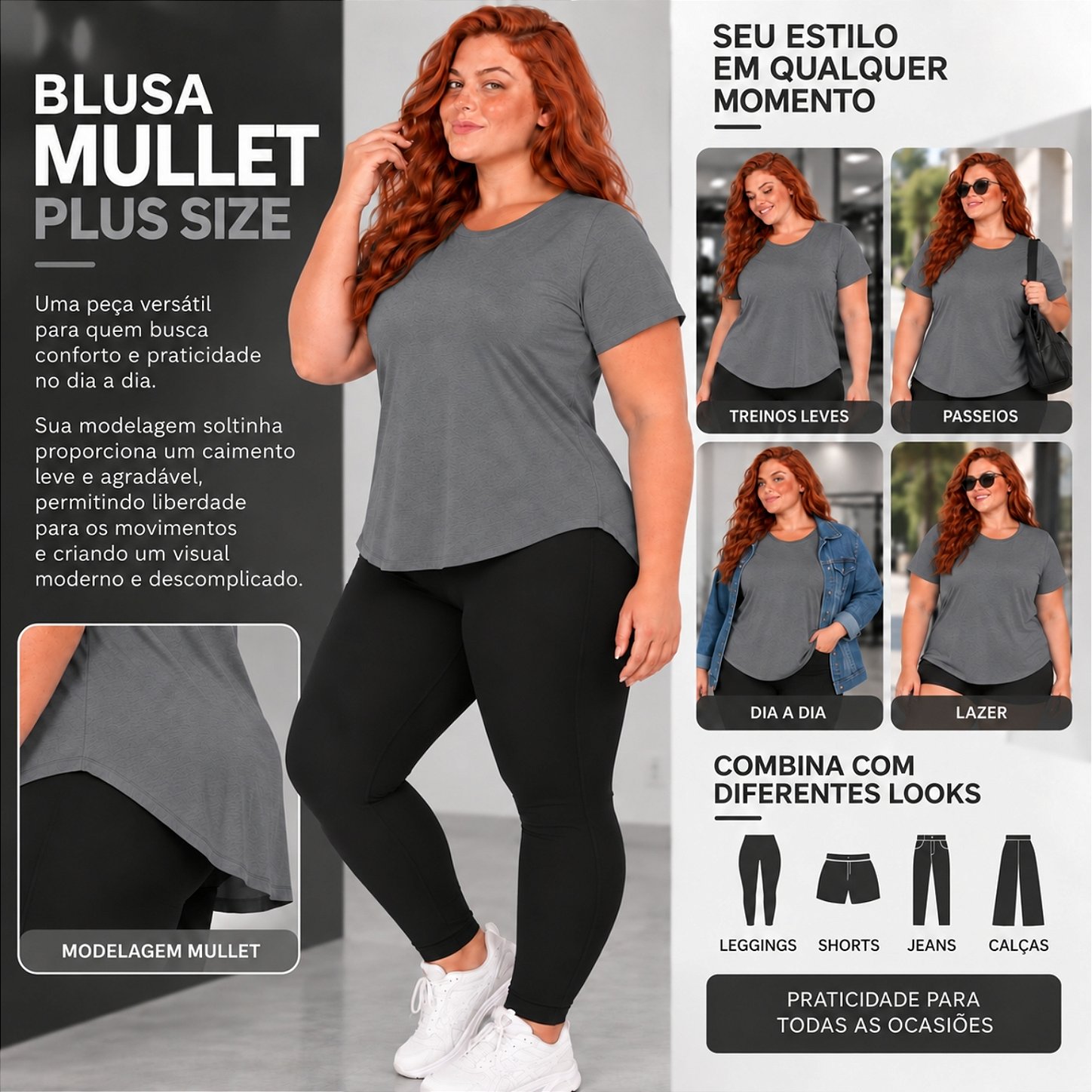 Blusa Plus Size Mullet Confortável Decote Redondo Manga Curta Tapa Bumbum 3024A