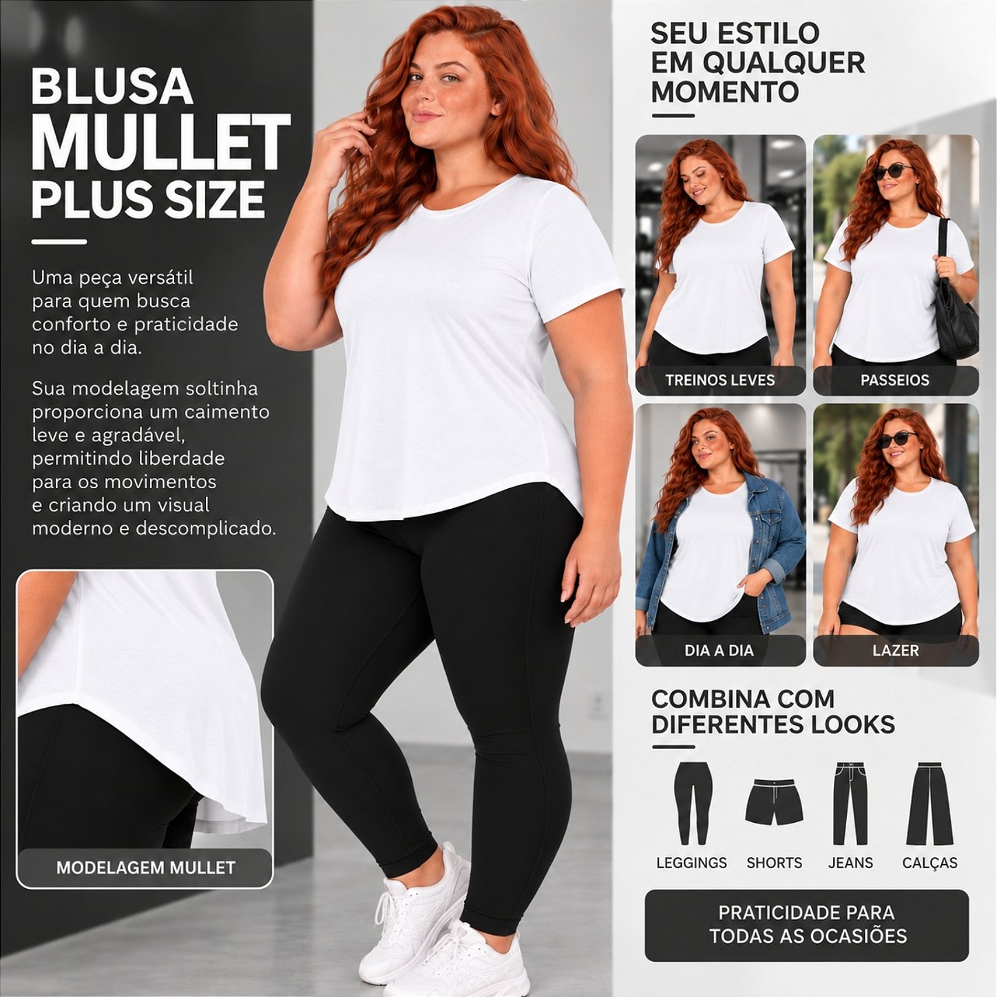 Blusa Plus Size Mullet Confortável Decote Redondo Manga Curta Tapa Bumbum 3024A