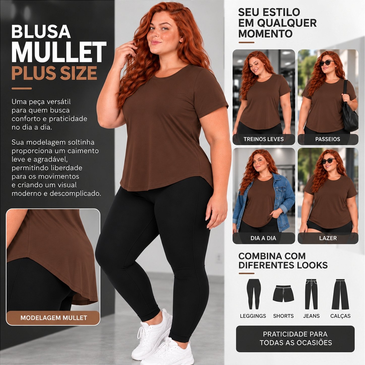Blusa Plus Size Mullet Confortável Decote Redondo Manga Curta Tapa Bumbum 3024A