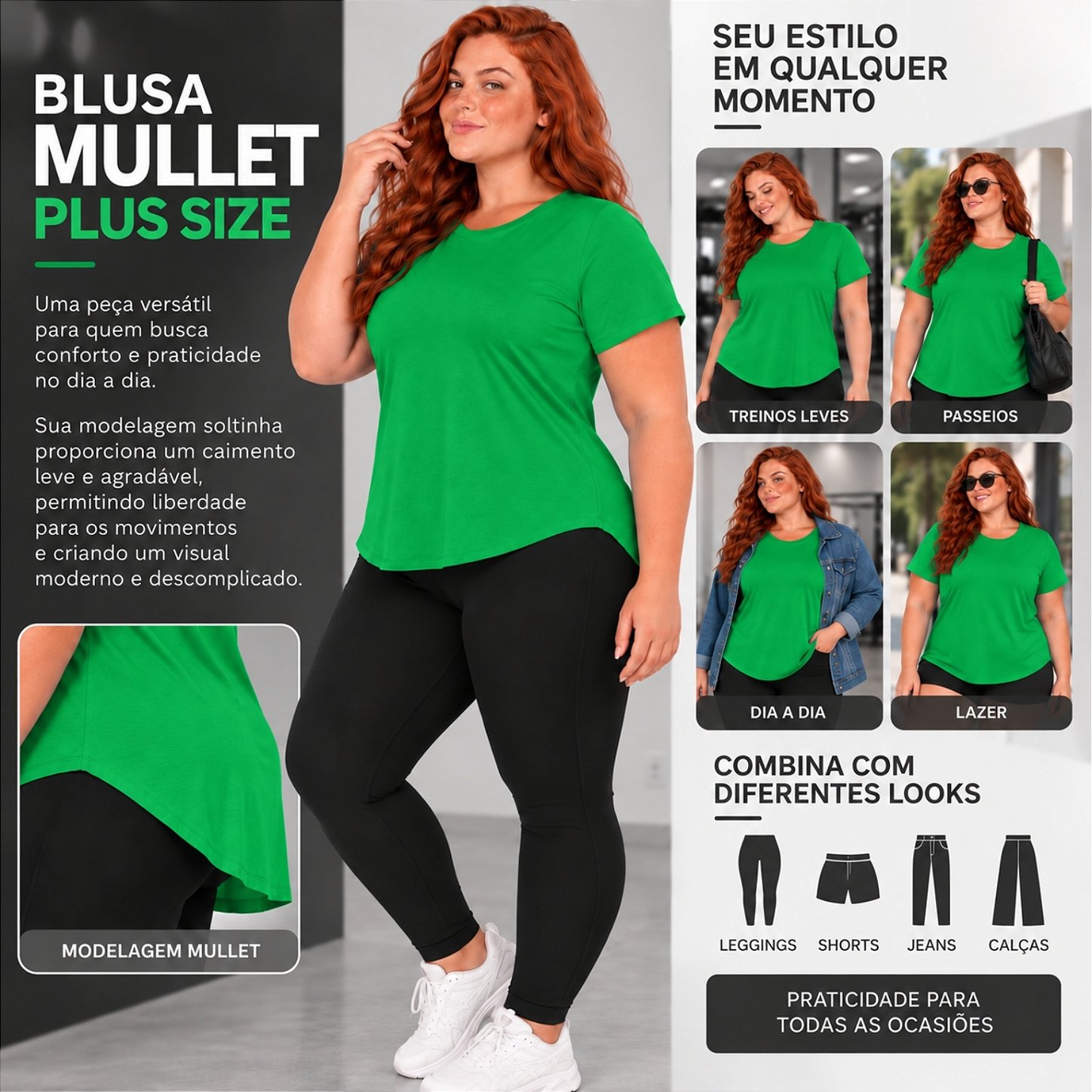 Blusa Plus Size Mullet Confortável Decote Redondo Manga Curta Tapa Bumbum 3024A