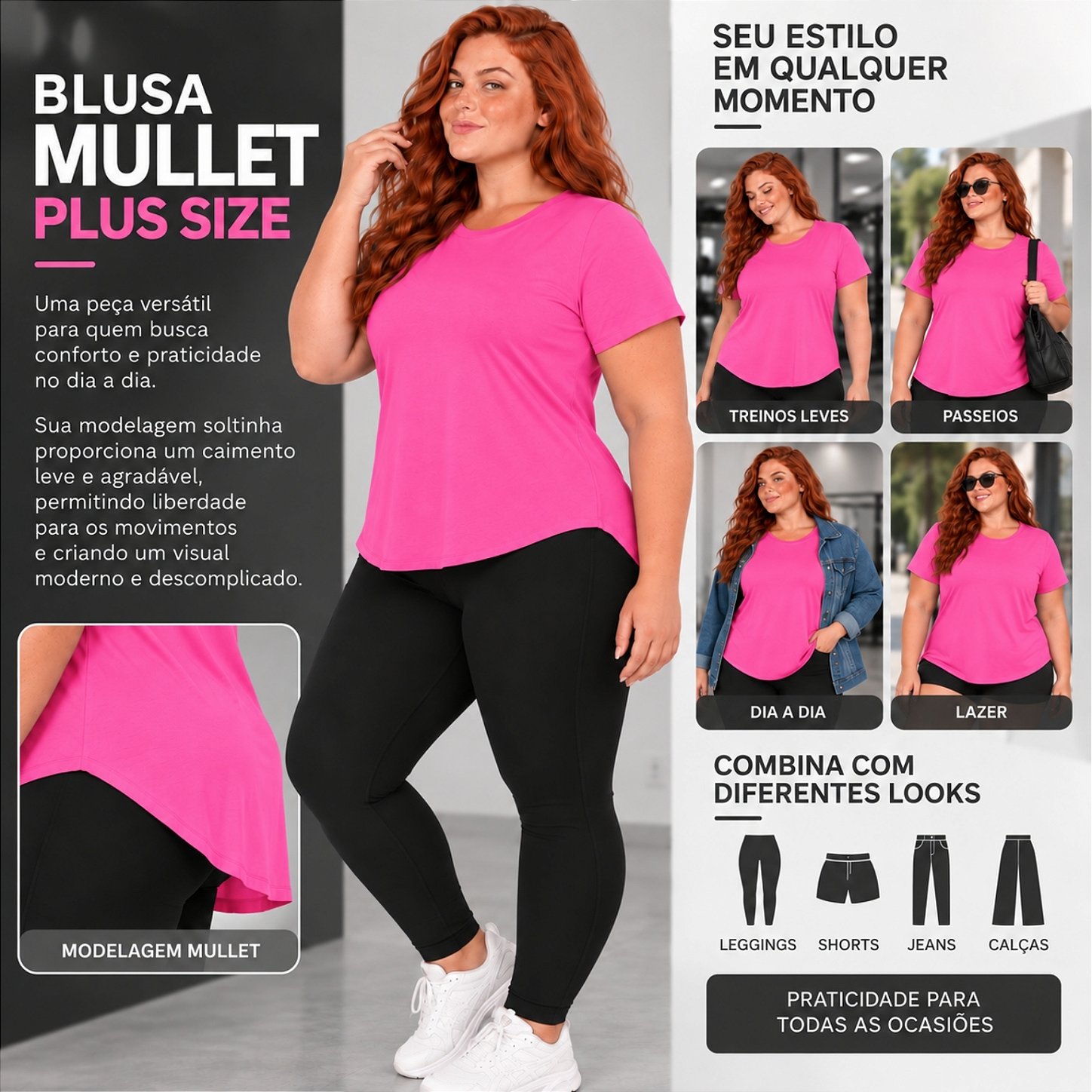 Blusa Plus Size Mullet Confortável Decote Redondo Manga Curta Tapa Bumbum 3024A