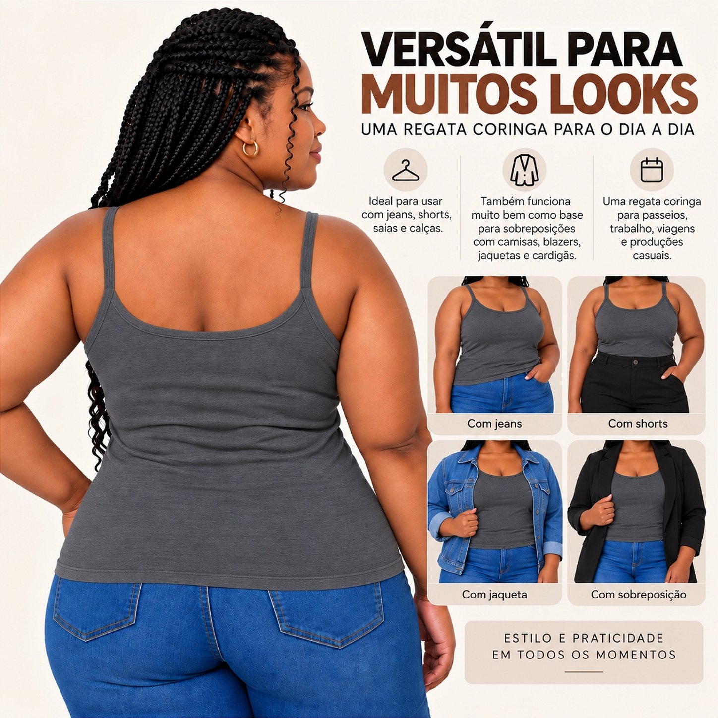 Blusa Regata Plus Size Visco Lycra com Alça Fina Toque Macio e Leve 3026A