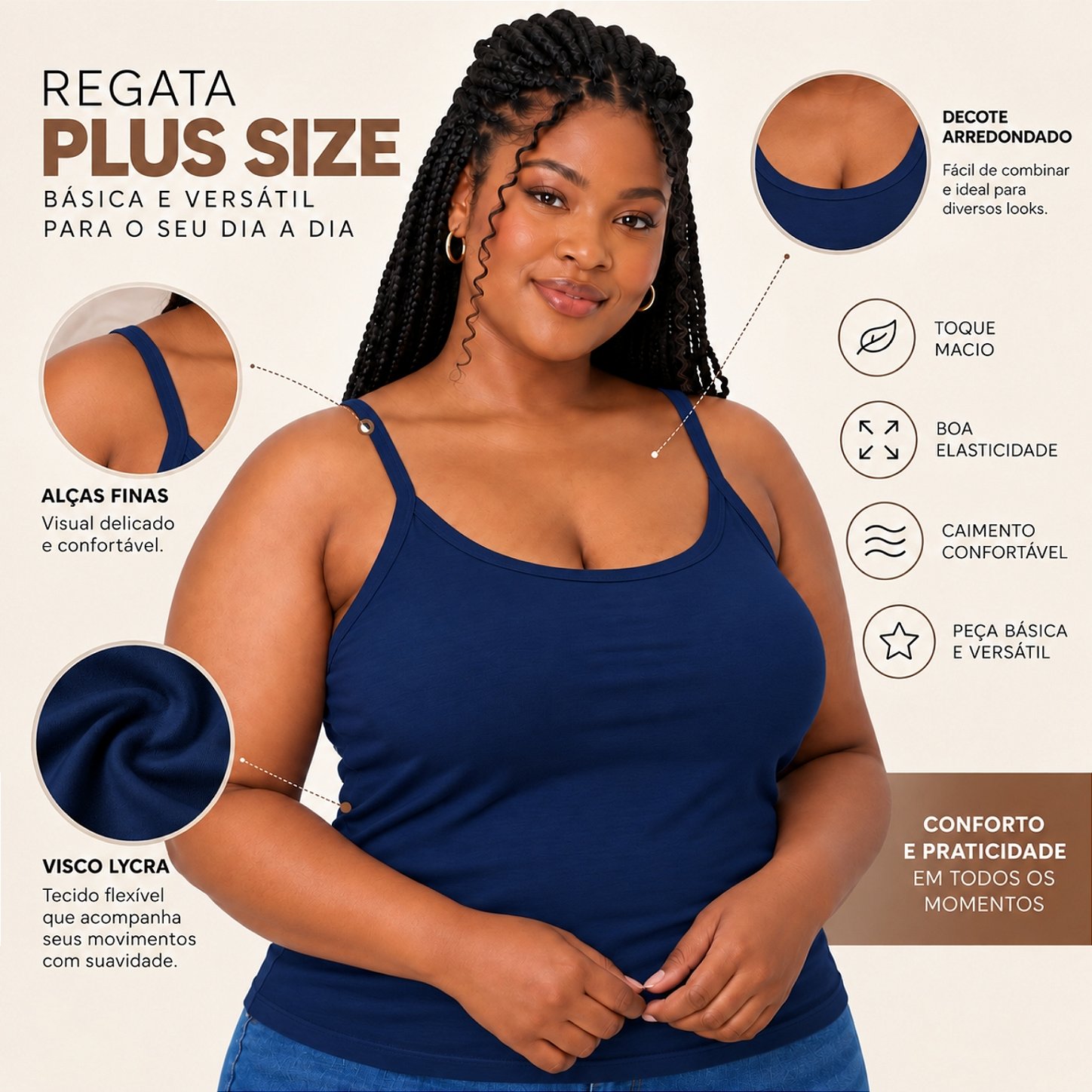 Blusa Regata Plus Size Visco Lycra com Alça Fina Toque Macio e Leve 3026A