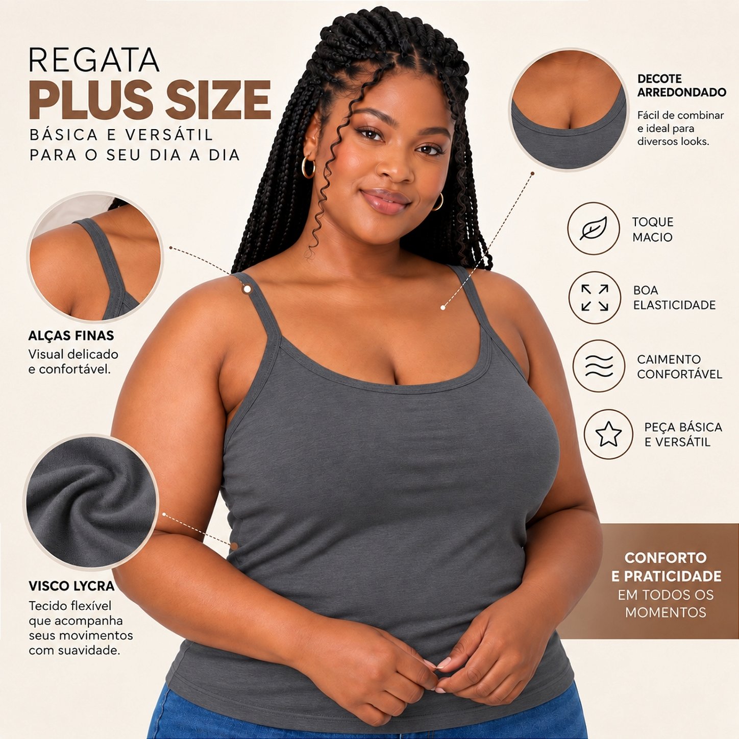Blusa Regata Plus Size Visco Lycra com Alça Fina Toque Macio e Leve 3026A