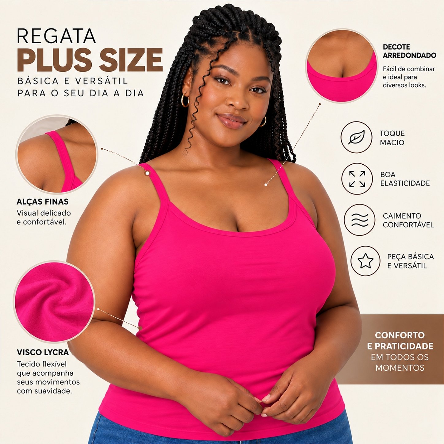 Blusa Regata Plus Size Visco Lycra com Alça Fina Toque Macio e Leve 3026A