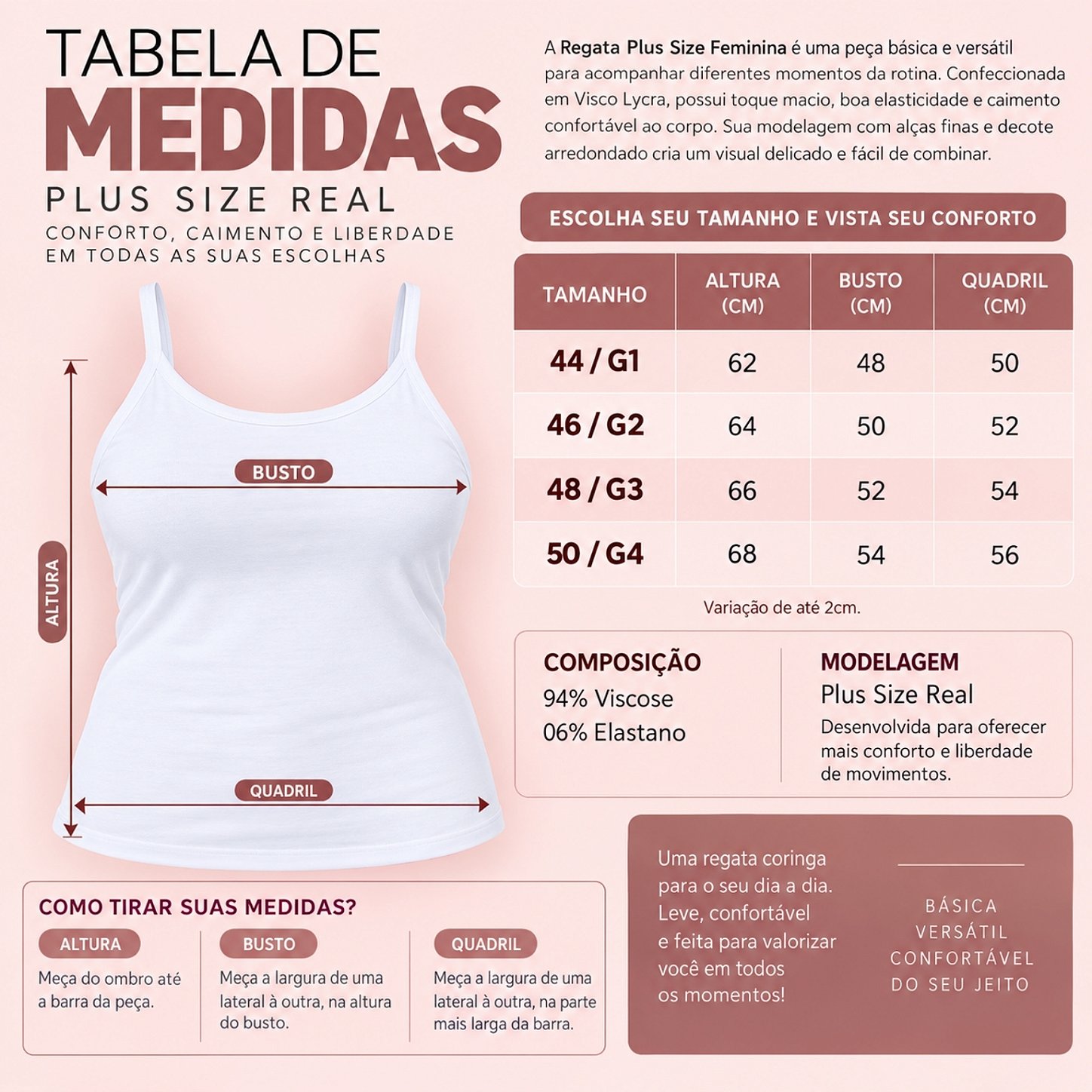 Blusa Regata Plus Size Visco Lycra com Alça Fina Toque Macio e Leve 3026A