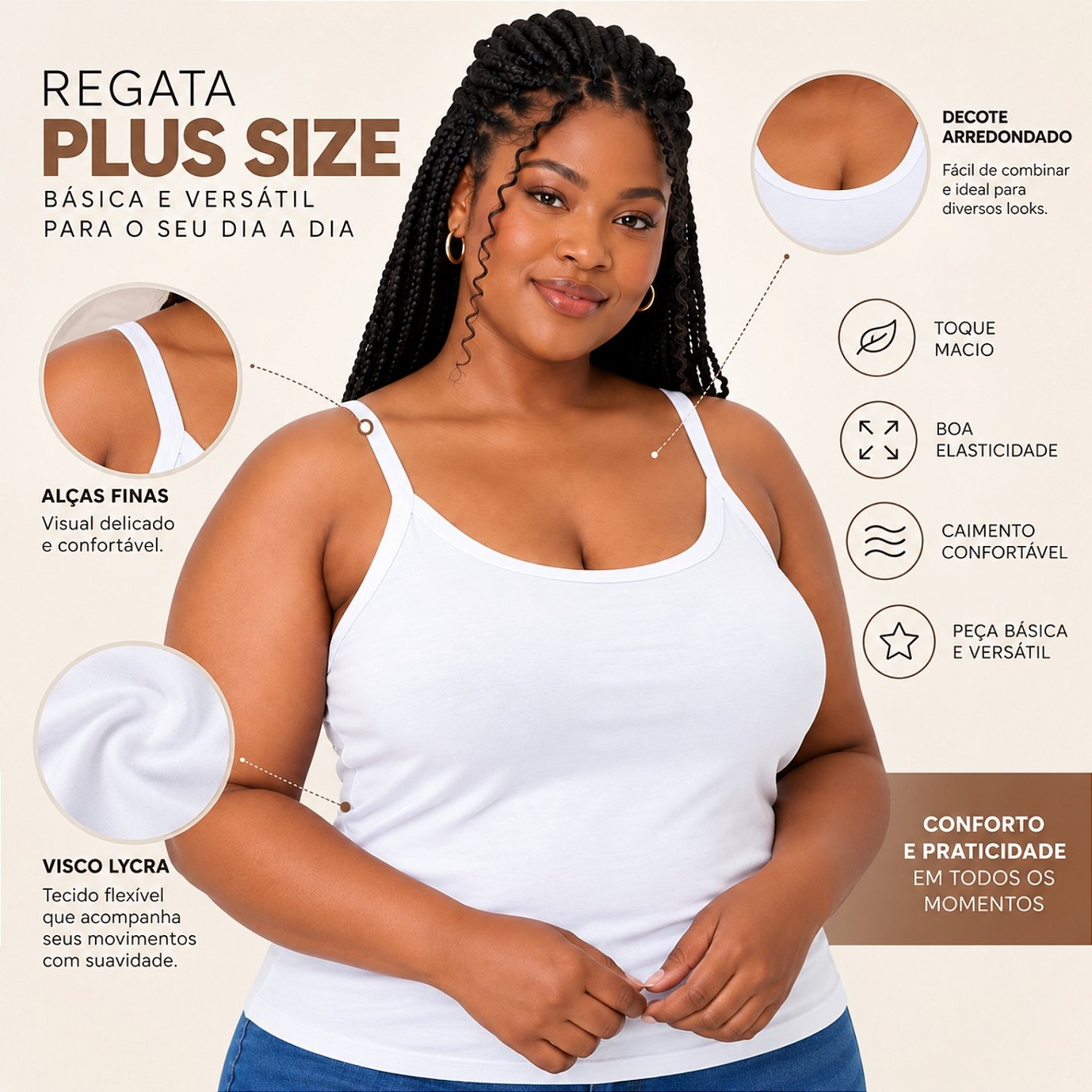 Blusa Regata Plus Size Visco Lycra com Alça Fina Toque Macio e Leve 3026A