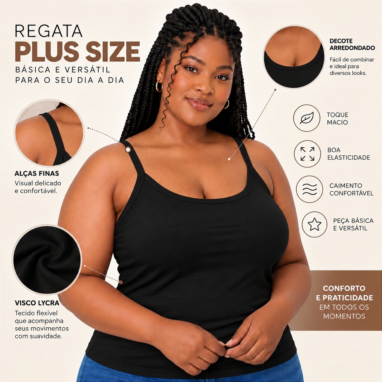 Blusa Regata Plus Size Visco Lycra com Alça Fina Toque Macio e Leve 3026A