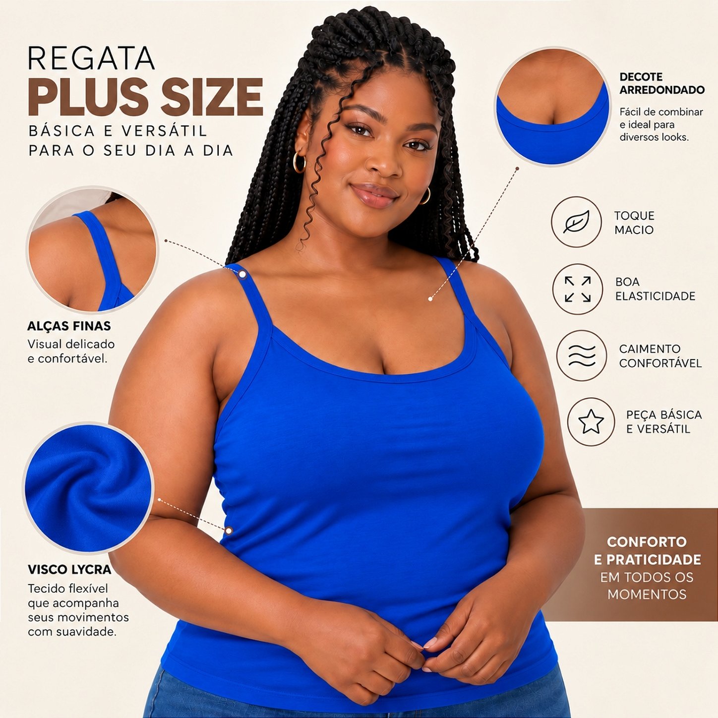 Blusa Regata Plus Size Visco Lycra com Alça Fina Toque Macio e Leve 3026A
