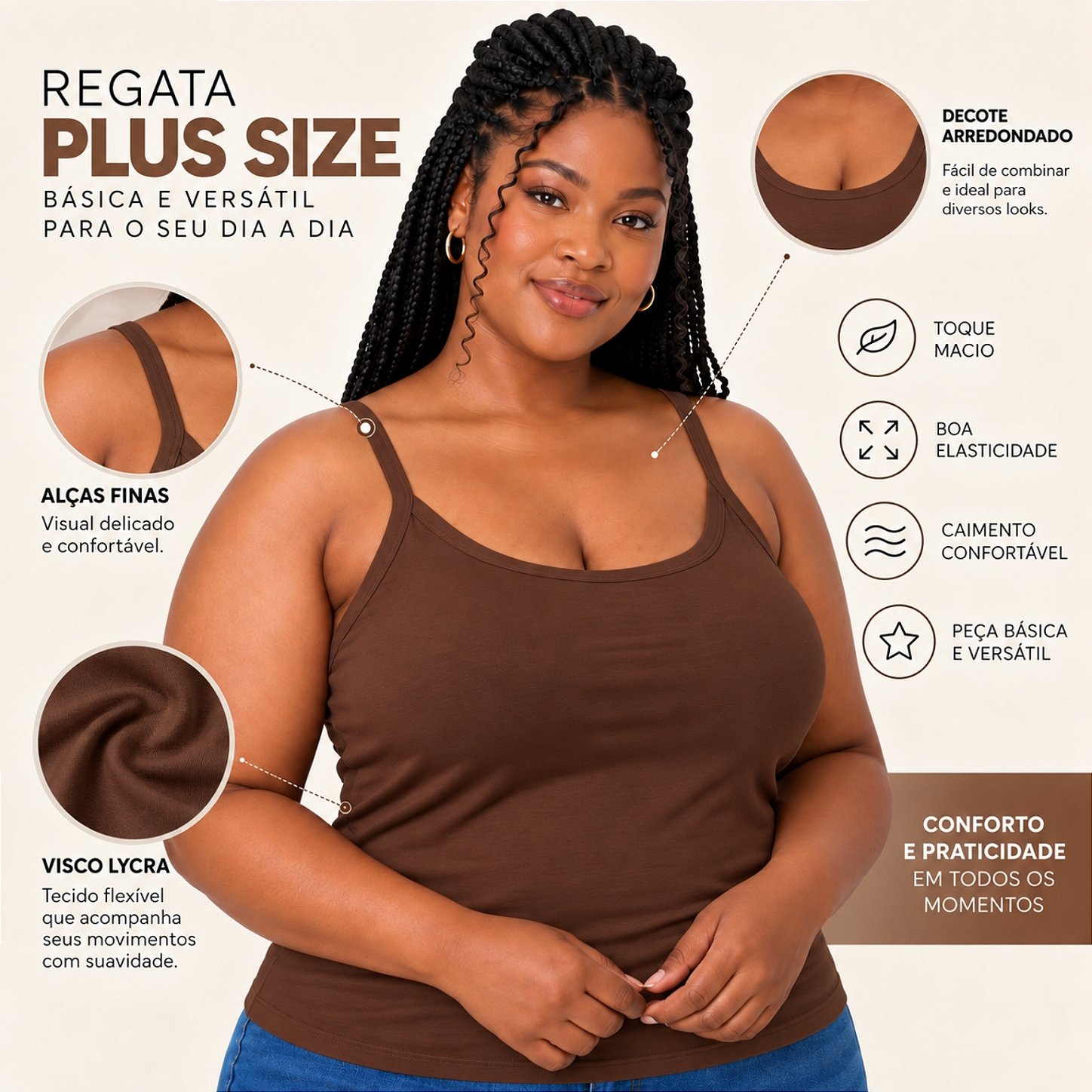 Blusa Regata Plus Size Visco Lycra com Alça Fina Toque Macio e Leve 3026A