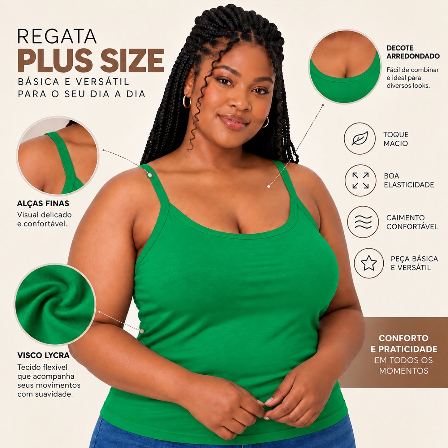 Blusa Regata Plus Size Visco Lycra com Alça Fina Toque Macio e Leve 3026A