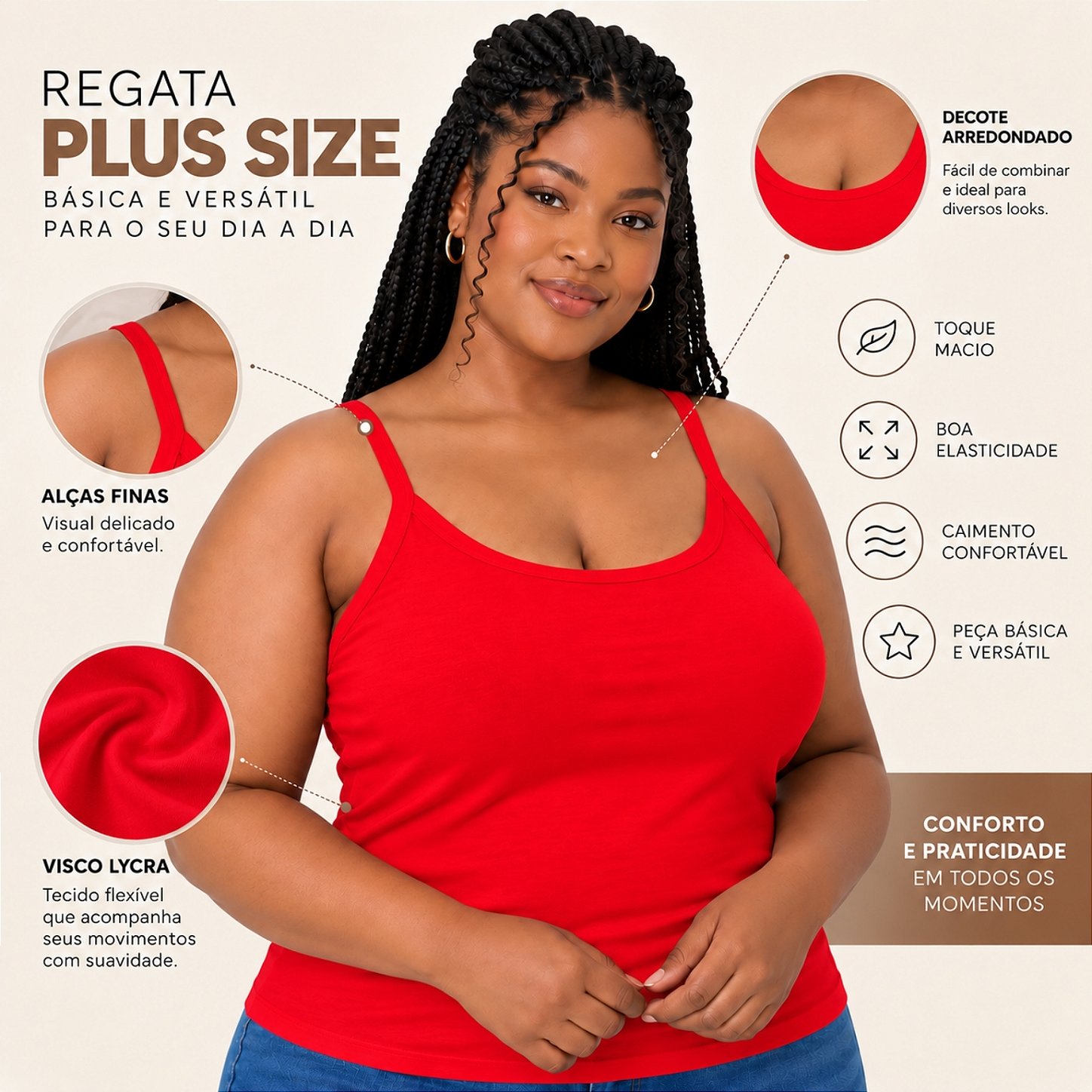 Blusa Regata Plus Size Visco Lycra com Alça Fina Toque Macio e Leve 3026A