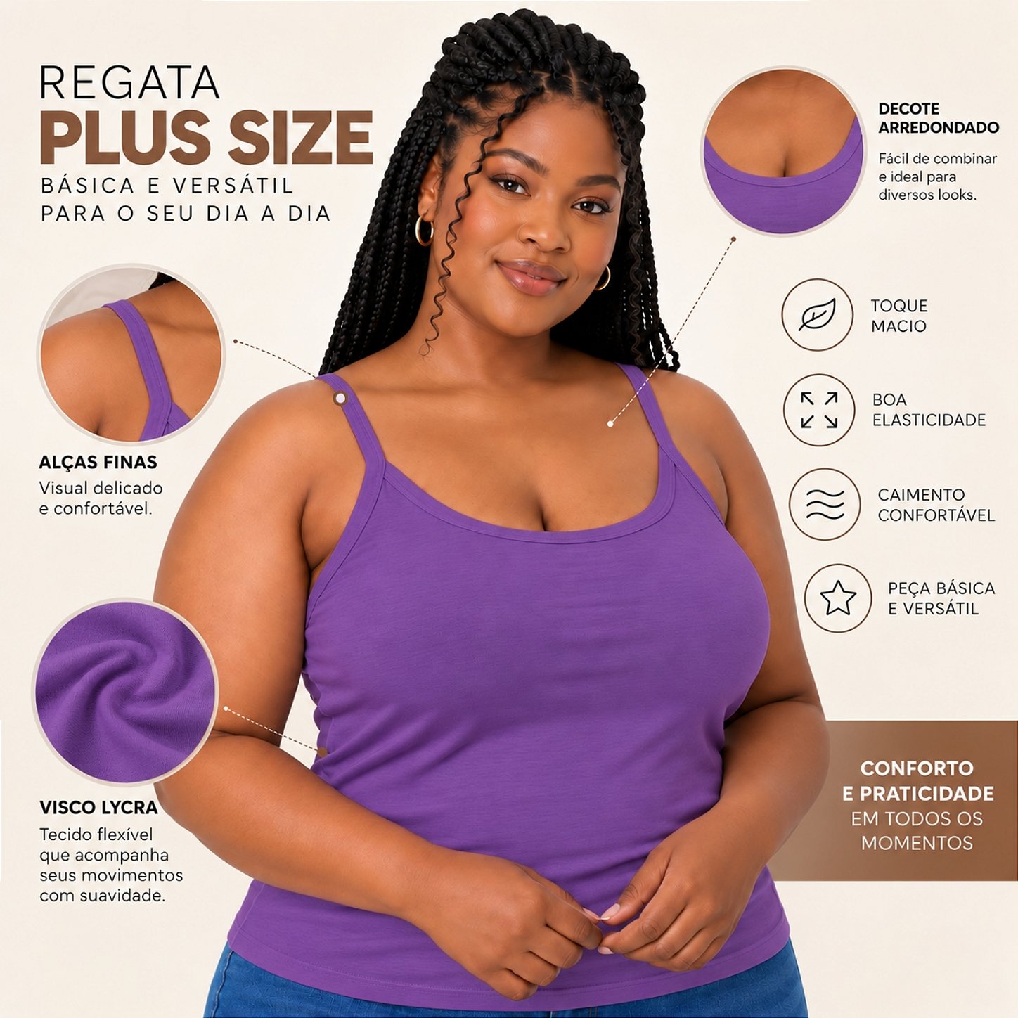 Blusa Regata Plus Size Visco Lycra com Alça Fina Toque Macio e Leve 3026A