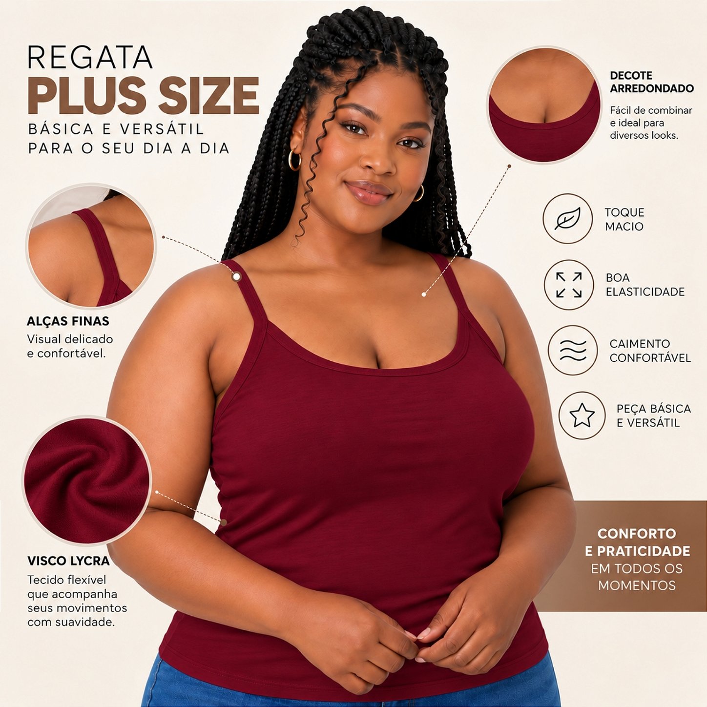 Blusa Regata Plus Size Visco Lycra com Alça Fina Toque Macio e Leve 3026A