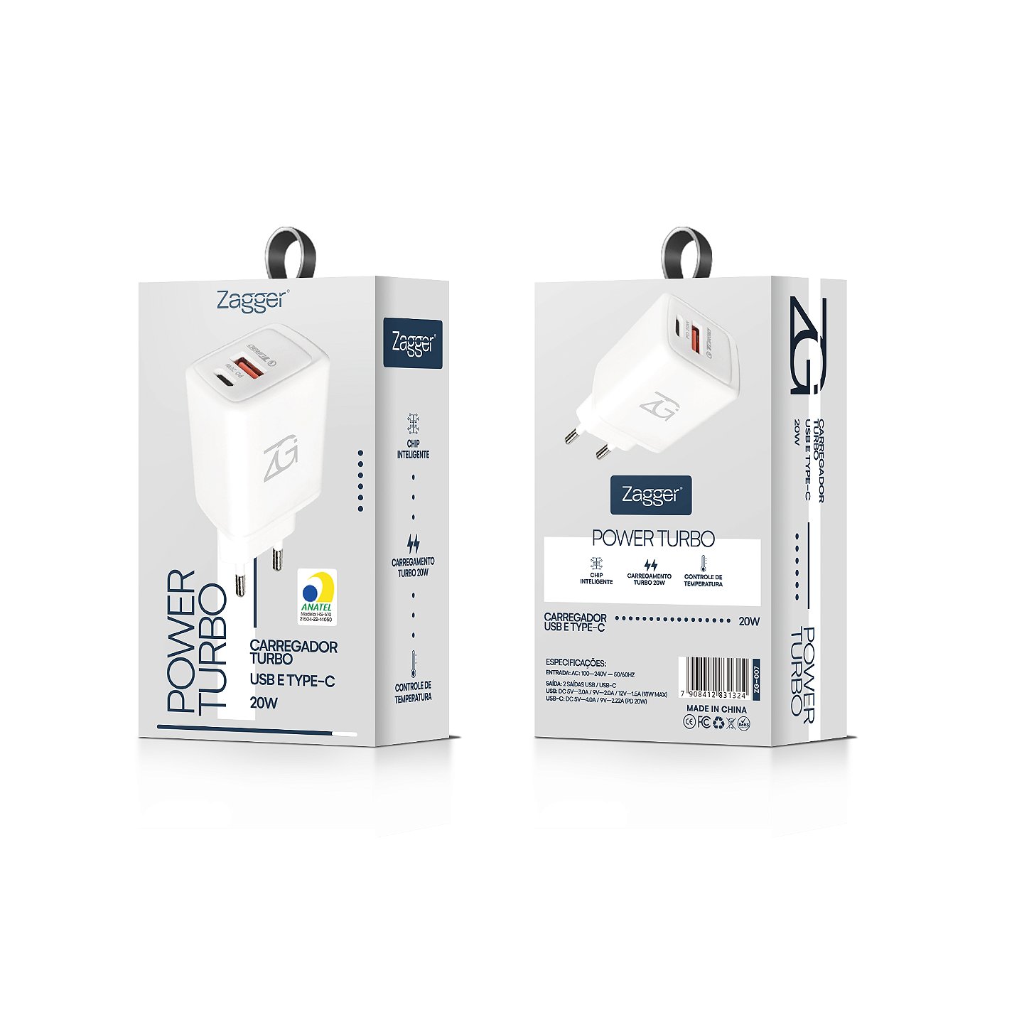 Carregador Power Turbo - Entrada USB e Type-C 20w
